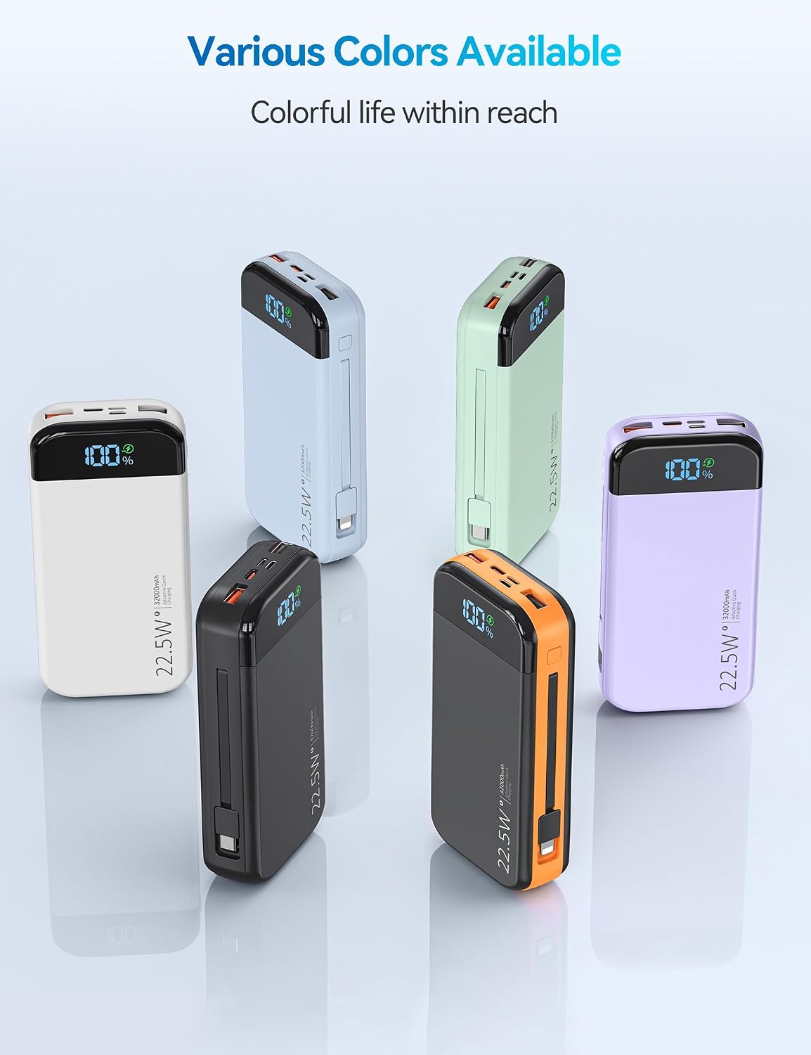 Phone Battery Bank 32000mAh 22.5W w/Built-in Cables & USB C Fast | High capacity,Fast charging,5 Outputs 3 Inputs,LED display,Travel camping essential with iPhone & Andriod