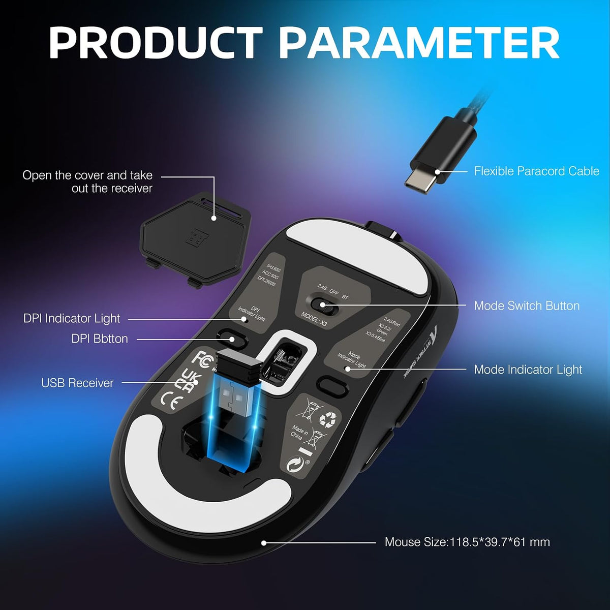 ATTACK SHARK X3 Lightweight Wireless Gaming Mouse with Tri-Mode 2.4G/USB-C Wired/Bluetooth,Up to 26K DPI, PAW3395 Optical Sensor,Kailh GM8.0 Switch,5 programmable Buttons for PC/Win/Mac(Black)