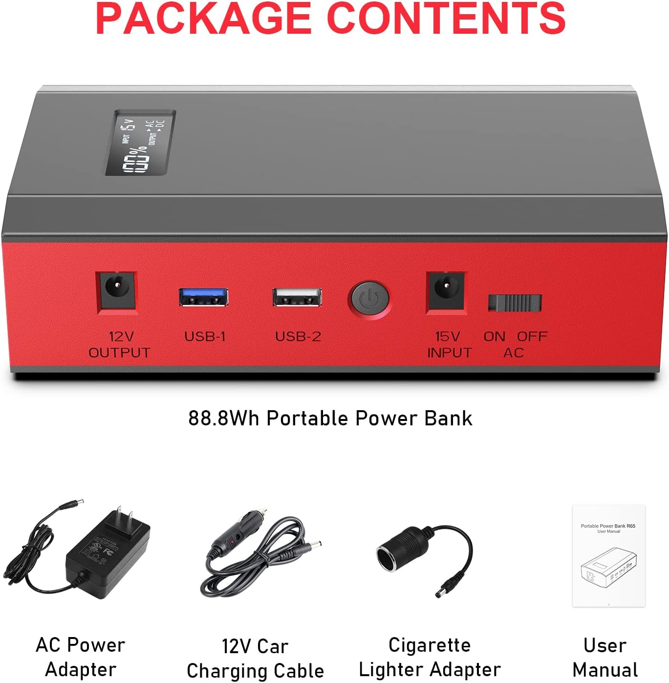 Portable Power Bank with AC Outlet, 65W Portable Laptop Charger Backup | 110V External Battery Power Pack Fast Charging Power Source for Outdoor RV Tent Camping Home Smart Device Emergency -Grey Red