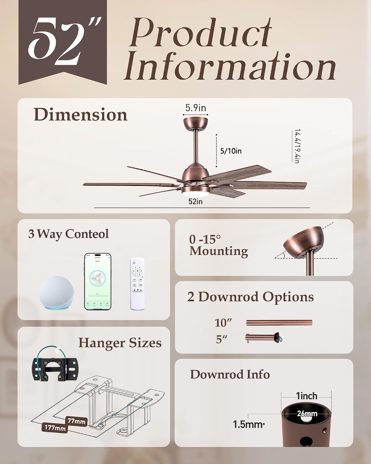 52" Smart Bronze Ceiling Fan with Light and Alexa Control in Indoor Space | Alexa/APP Controls,Quiet Reversible DC motor,Up to 6064CFM High Airflow,Dimmable,Timer,Dual Finish 6 Blades for Living room