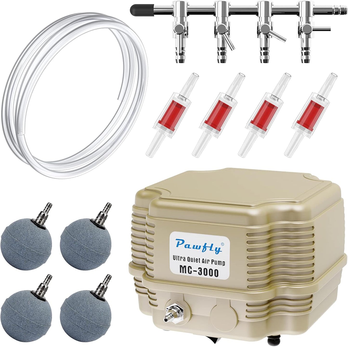 Pawfly 254 GPH Aquarium Air Pump Adjustable Quiet Oxygen Aerator Pump with Multi-Port Air Flow Control Lever Valve Splitter and Airline Tubing for Fish Tanks Ponds and DWC Systems Up to 300 Gallons