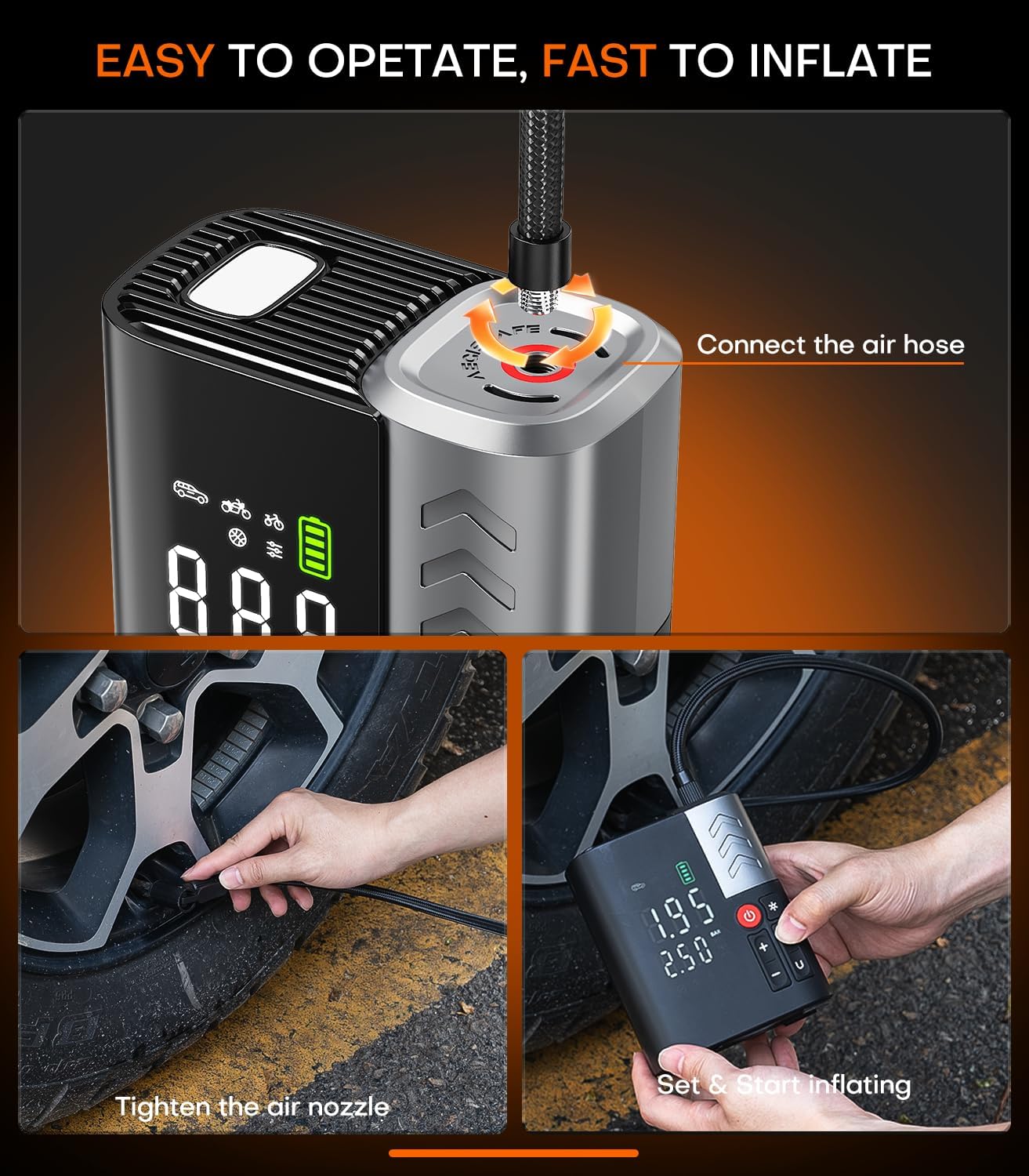 Tire Inflator Portable Air Compressor, SuperBars 7X Faster Air Pump with APP, 160PSI 48LPM Electric Tire Pump with 10400mAh Battery, 45W Faster Charging, Tire Inflator for Car SUV Pickup RV MPV Truck