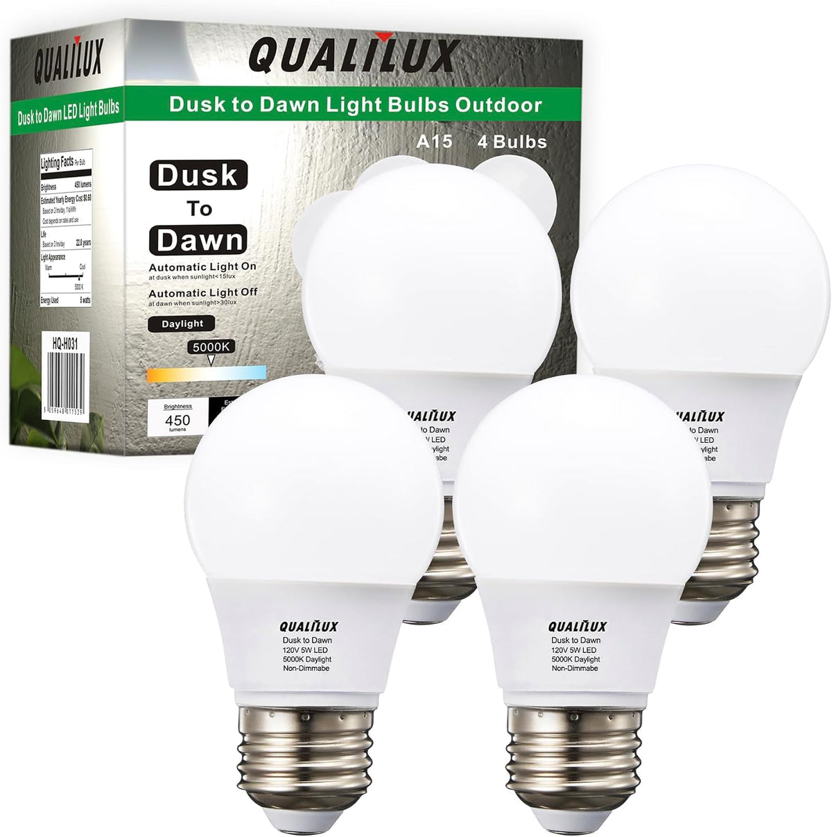 Qualilux Dusk to Dawn ST19 LED Edison Light Bulbs, Vintage Amber Glass, 2300K Amber Warm, 6.5W=60W, Non-Dimmable Auto On/Off Light Sensing LED Filament Bulb Outdoor, 700LM, E26, 2-Pack, HQ-H027