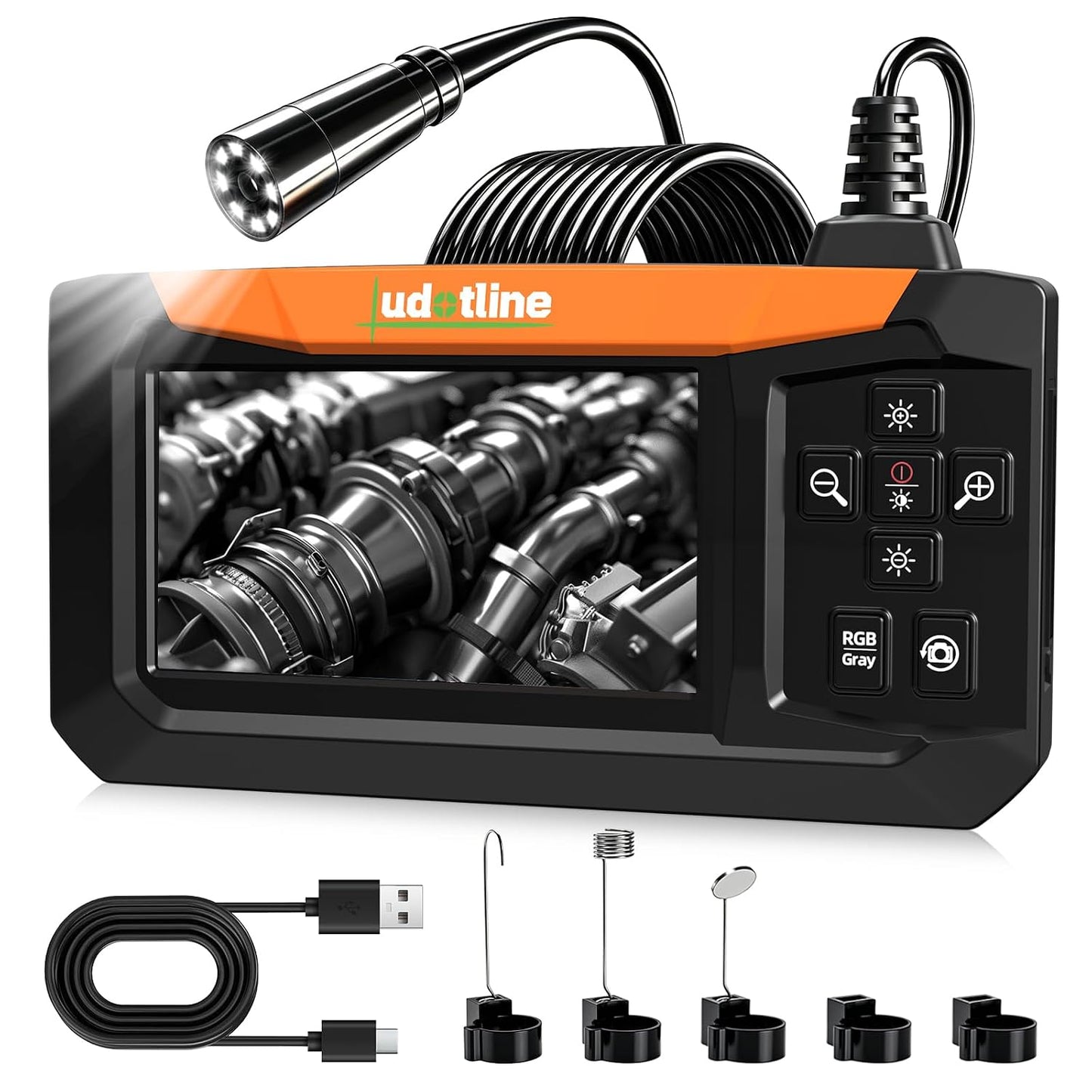 Inspection Camera with Screen, 8 LED Borescope Camera, IP67 Waterproof | Color & B&W Dual View, 2600mAh Rechargeable, Type-C Charging, 1M/5M Flexible Cable for Auto, Pipe & Wall Inspection