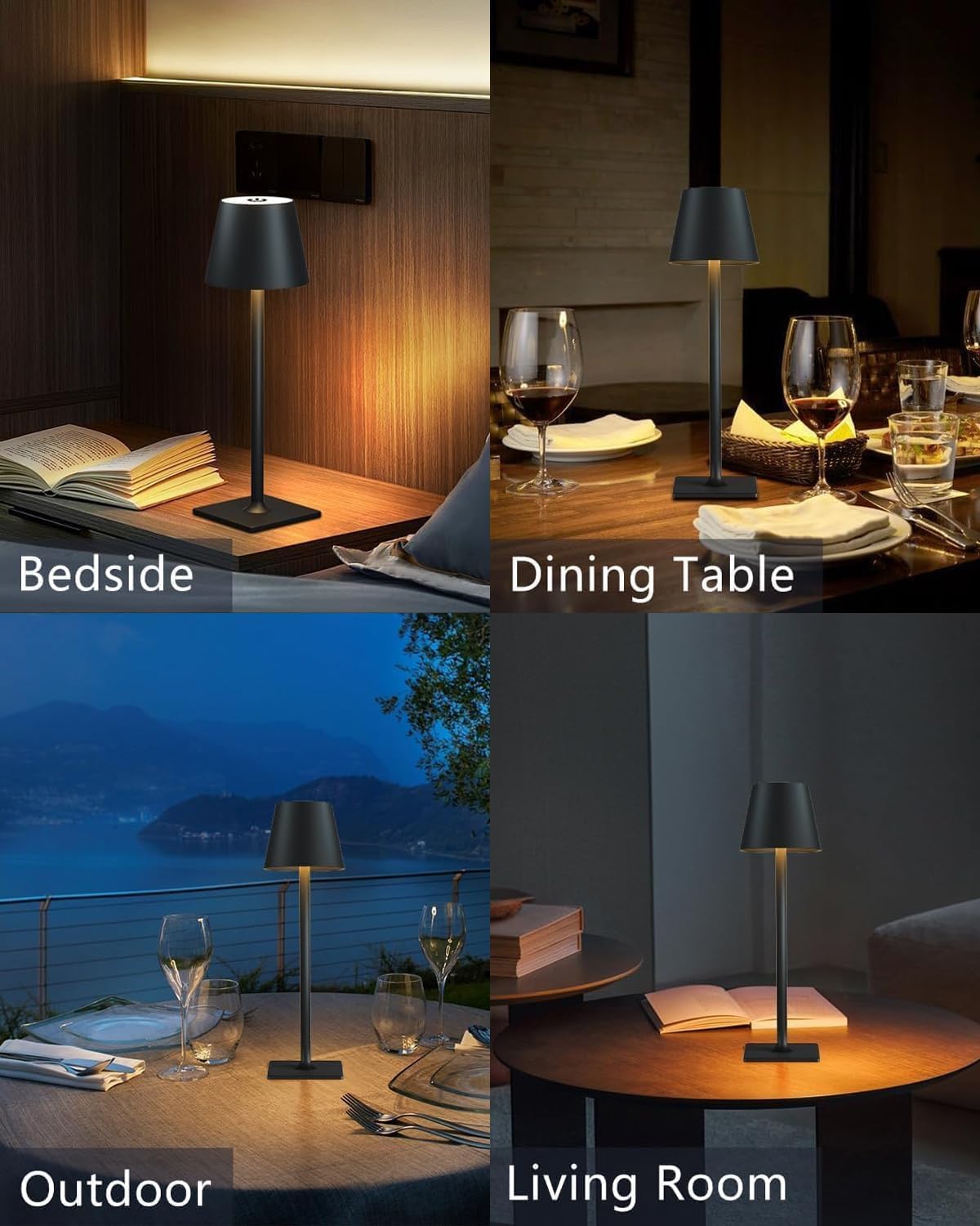 Fizrice Rechargeable Table Lamp 2 Pack Cordless Battery Operated, Black | IP65 waterproof wireless design with adjustable brightness and height feature for patio, bedroom, restaurant