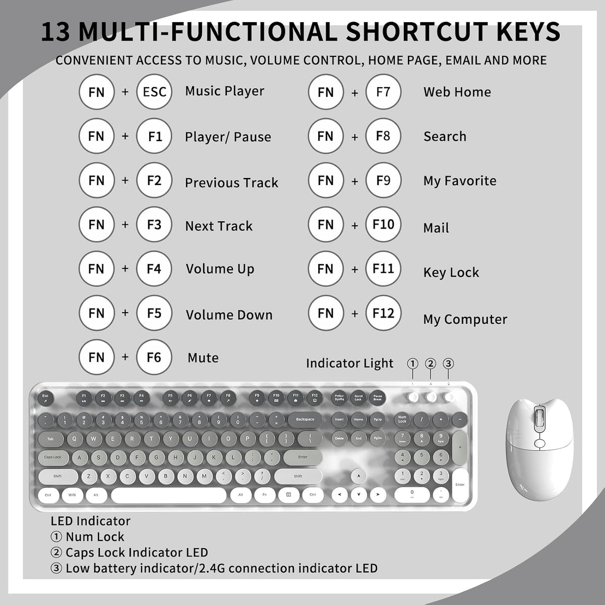 Creamy Wireless Keyboard and Mouse, MOFII 104 Round Keycaps Retro Typewriter with OTG & Brush, Full-Size Ergonomic, Ideal for Windows PC, Home, Office and College Gray White