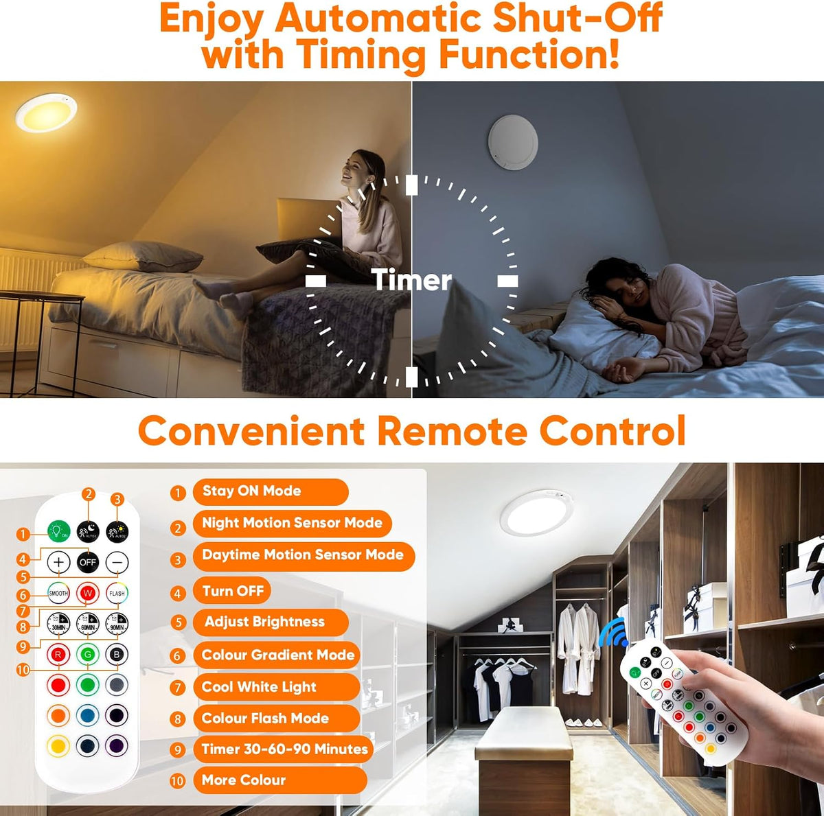 Rechargeable Motion Sensor Ceiling Light, Battery Closet Light 12 RGB Color