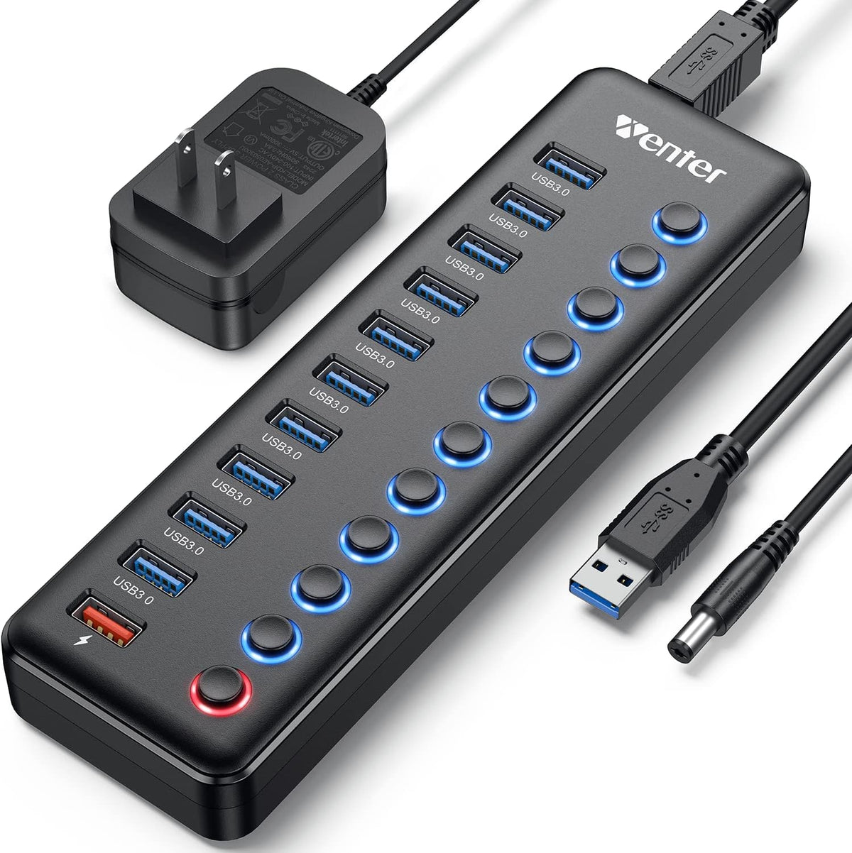 WENTER Powered USB Hub 3.0 with SD/TF Card Reader, Aluminum 10 Port Powered USB Hub (9 USB 3.0 Data Transfer Port & 1 USB Fast Charging Port Hub) USB 3.0 Hub for PC, Laptop