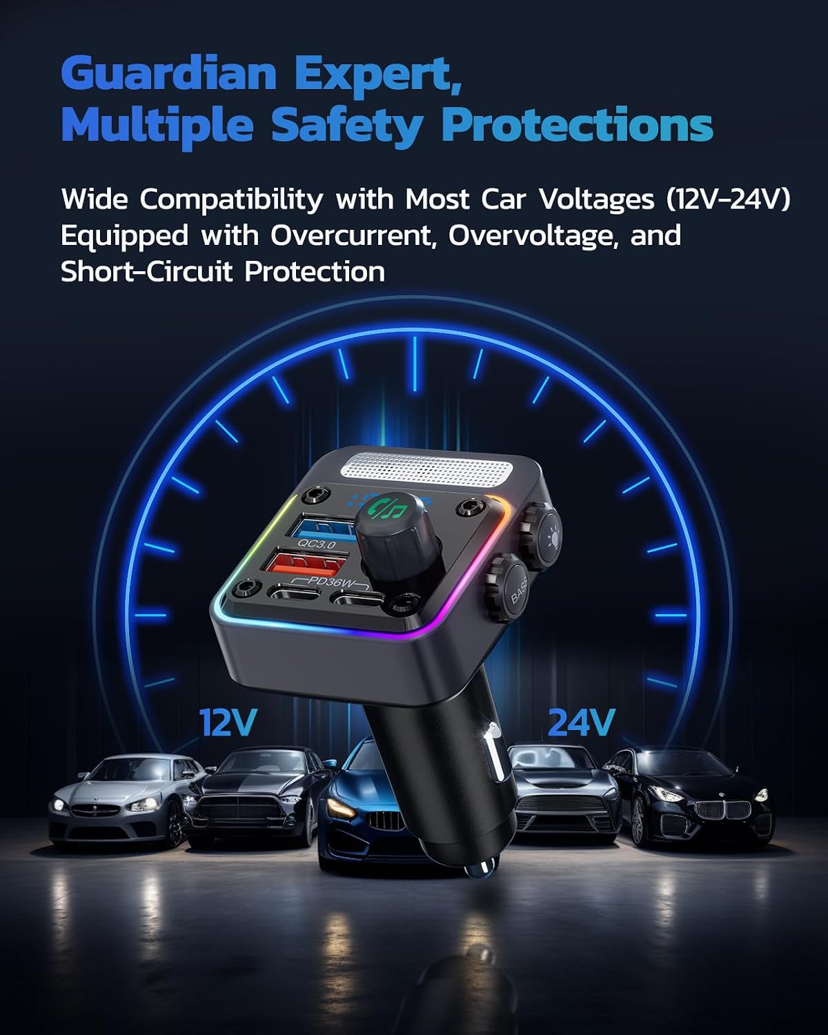 Nulaxy 54W Bluetooth 5.3 Car Adapter, FM Transmitter 4-Port Fast Charging | Wireless FM Radio Music Player with Deep Bass, 5 Colors LED Backlit, Hands-Free Calling, PD&QC Car Charger Support USB Drive