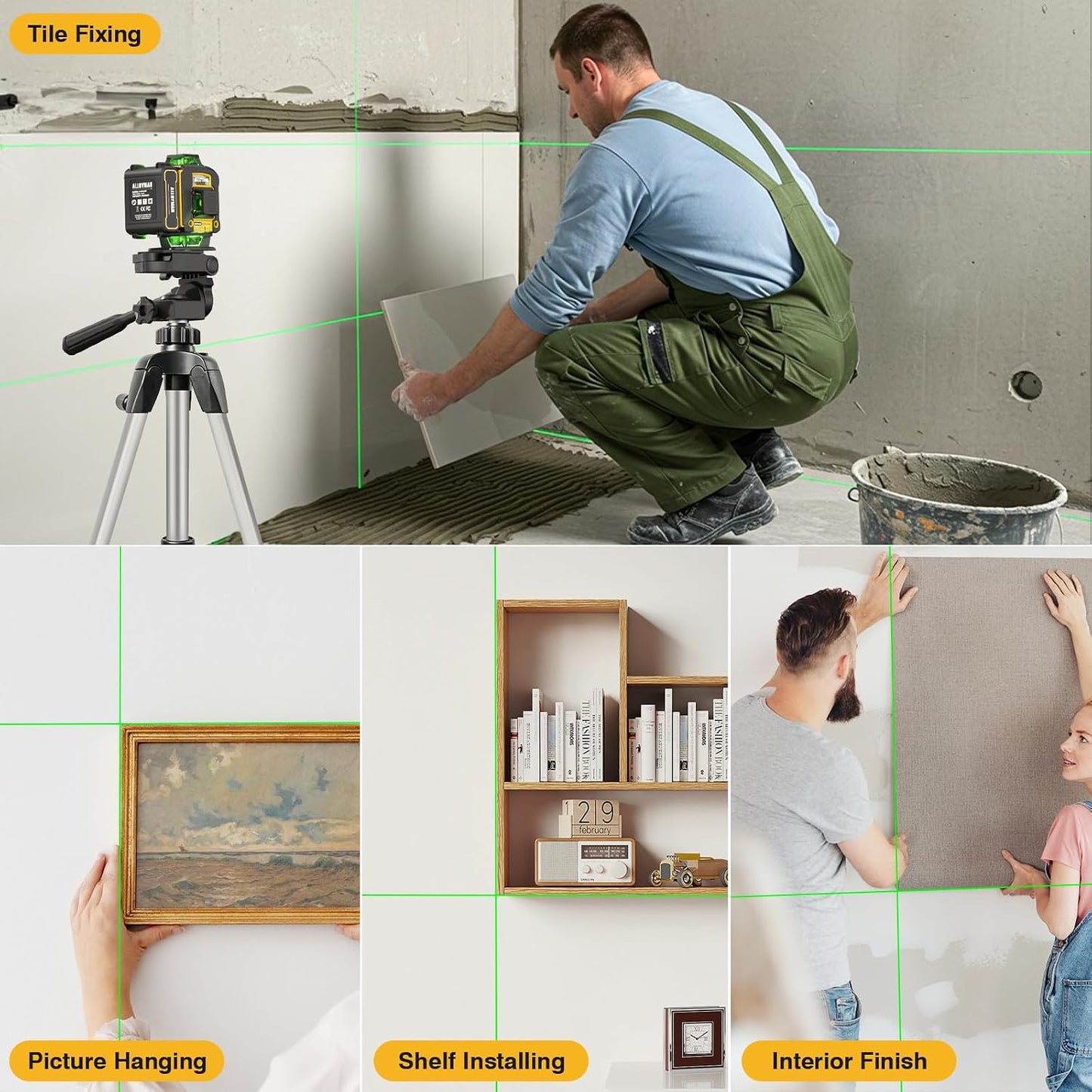 Alloyman Laser Level with Tripod, Laser Level 4× 360° Self Leveling | Green Line Lazer Leveler Tool with with 2Pcs Lithium Batteries, Ideal for Picture Hanging, Tile, Home Renovation, Indoor
