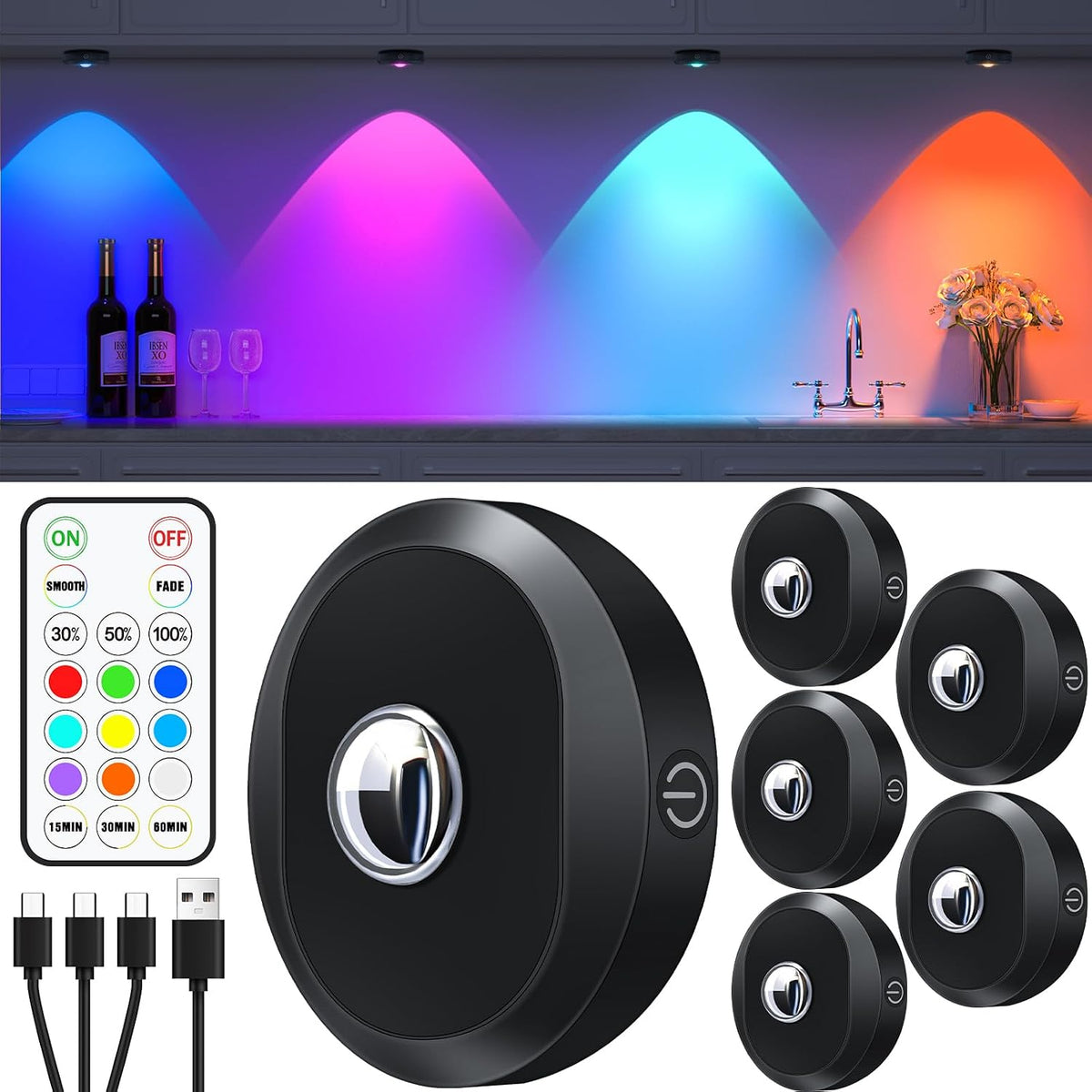 WILLED Puck Lights with Remote Control, Rechargeable Under Cabinet Lights, 1200mAh Battery Operated Tap Lights, Dimmable Push Lighting, Wireless Closet Light, LED USB Stick On Light (6 Pack)