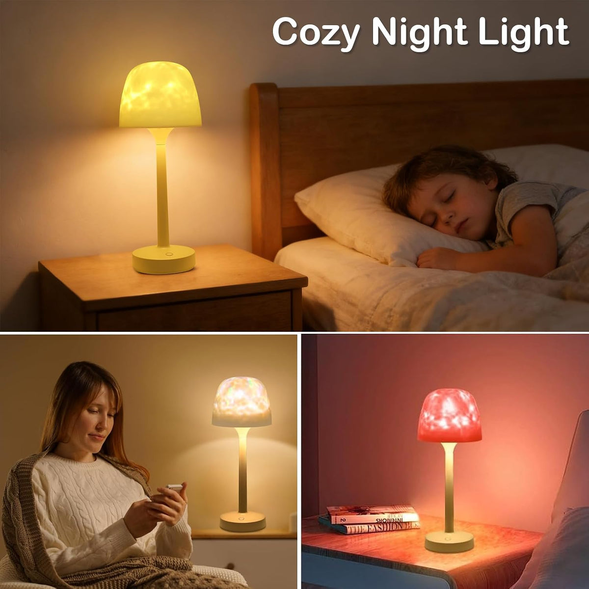 Cordless Shower Lamp,Bedside Lamp,Touch Ocean Wave Projector Light,3 Way Color Temperature,16 Color Changing Light,Dimmable,Rechargeable Aurora Night Lights for Bedroom Bathroom, Waterproof