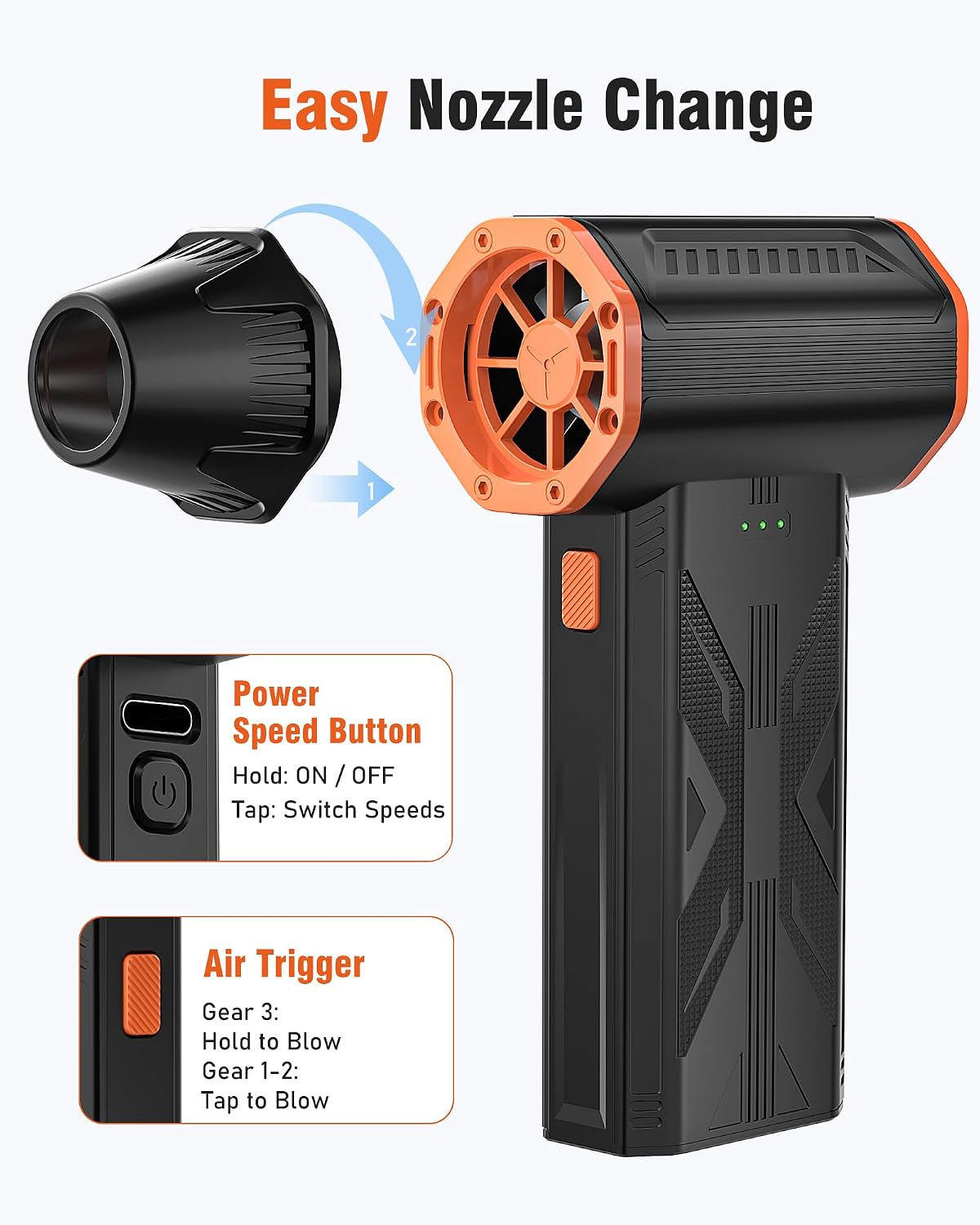 Electric Air Duster, 110000 RPM Cordless Rechargeable Compressed Air Duster with 3 Speed Modes, Portable Handheld Air Blower for Computer Cleaning, Keyboard, PC, Electronics, Car, Office & Home