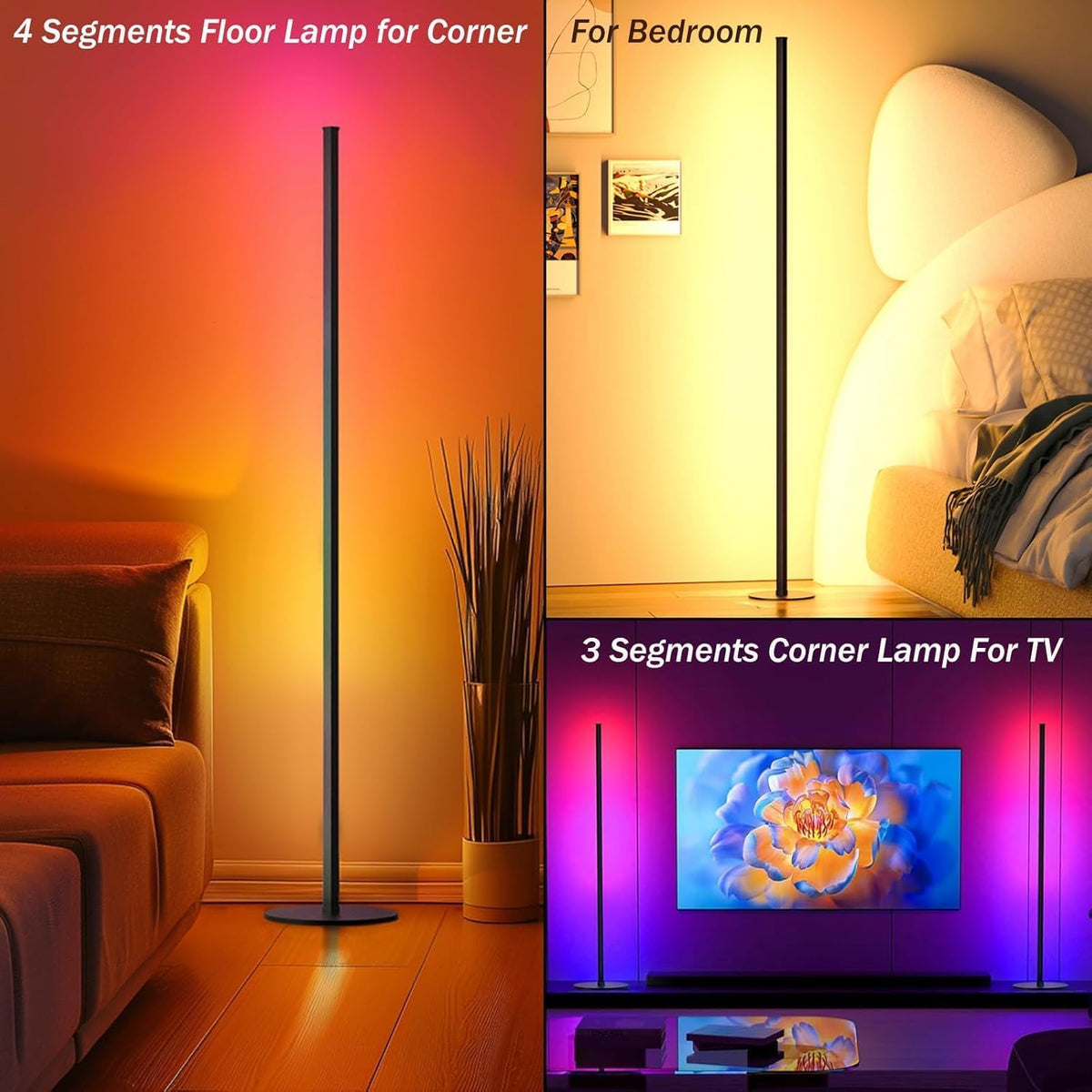 Corner Floor Lamp 1 Pair, LED Corner Lamp with Reomte, APP Control 16 Million DIY Color, Music Sync, Timing, Color Changing Ambient Lights for Living Room, Bedroom, Gaming(One Adaptor, Y Type Cord)