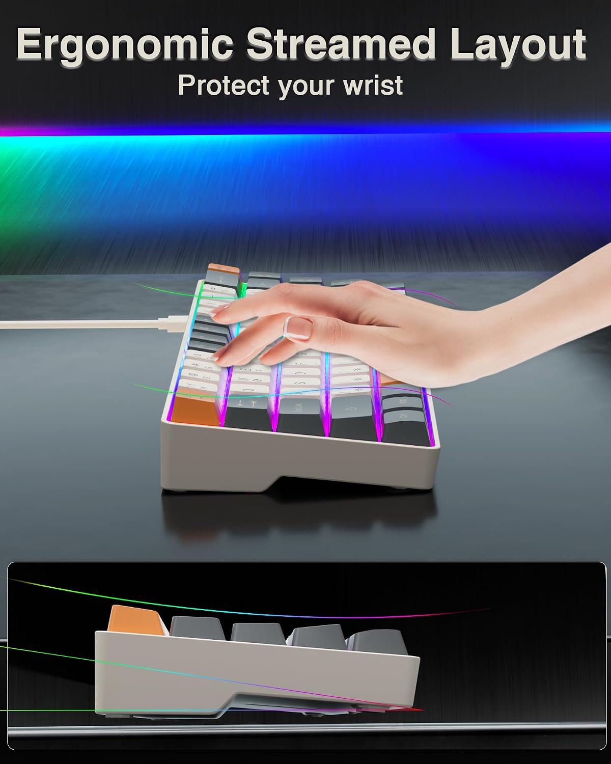 CORBOBO 60 Percent Keyboard,RGB Backlit Gaming Keyboard USB-C Wired,Portable 68 Keys Compact Mini Keyboards for Business Trips,Office,PC Games (SK968,Grey&Orange)