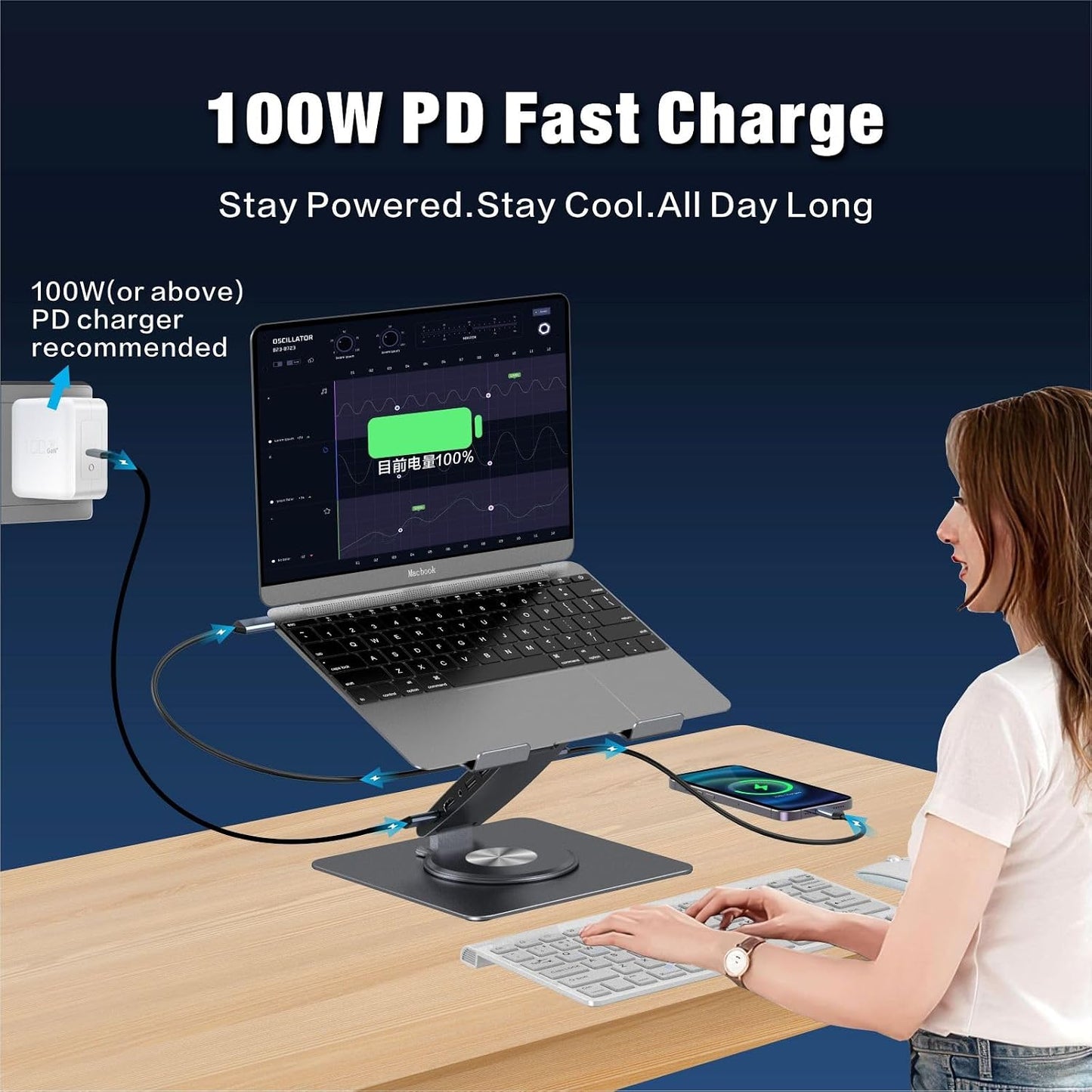 Laptop Docking Station Stand with Fan Aluminum Laptop Riser with USB-C Hub 11-IN-1 4K60Hz HDMI 100W PD Charging USB3.0 Ethernet Audio TF/SD, 360° Swivel, for MacBook Pro/Air, iPad Pro & Type-C Laptops