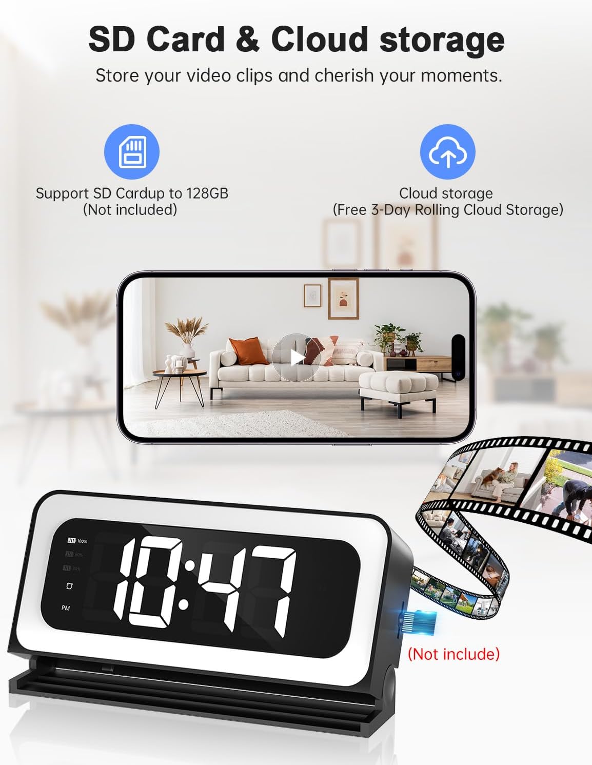 Clock Camera 2K, 5G&2.4G WiFi Indoor Security Camera, Cameras for Home Security, 3 in 1 Baby Camera with Alarm, Rechargeable Battery, pet Camera, Full Color Night Vision, Local Storage