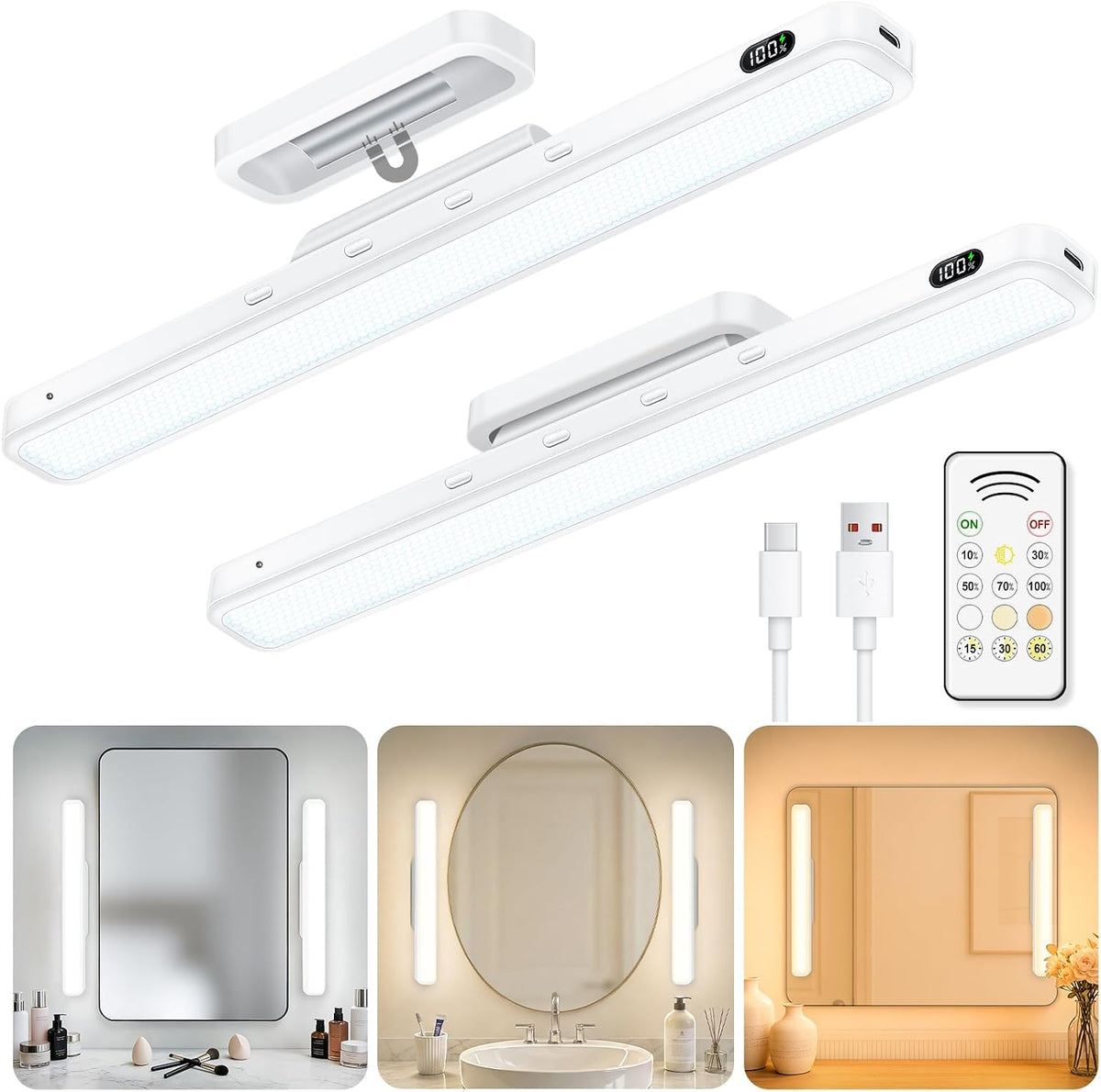 WILLED 3W Mirror Lights with Remote Control,Eye-Friendly Magnetic Light Bar with Battery Level Display,Adjustable Color Temperatures Vanity Lights for Mirror,Makeup Lighting for Bathroom(2 Pack)