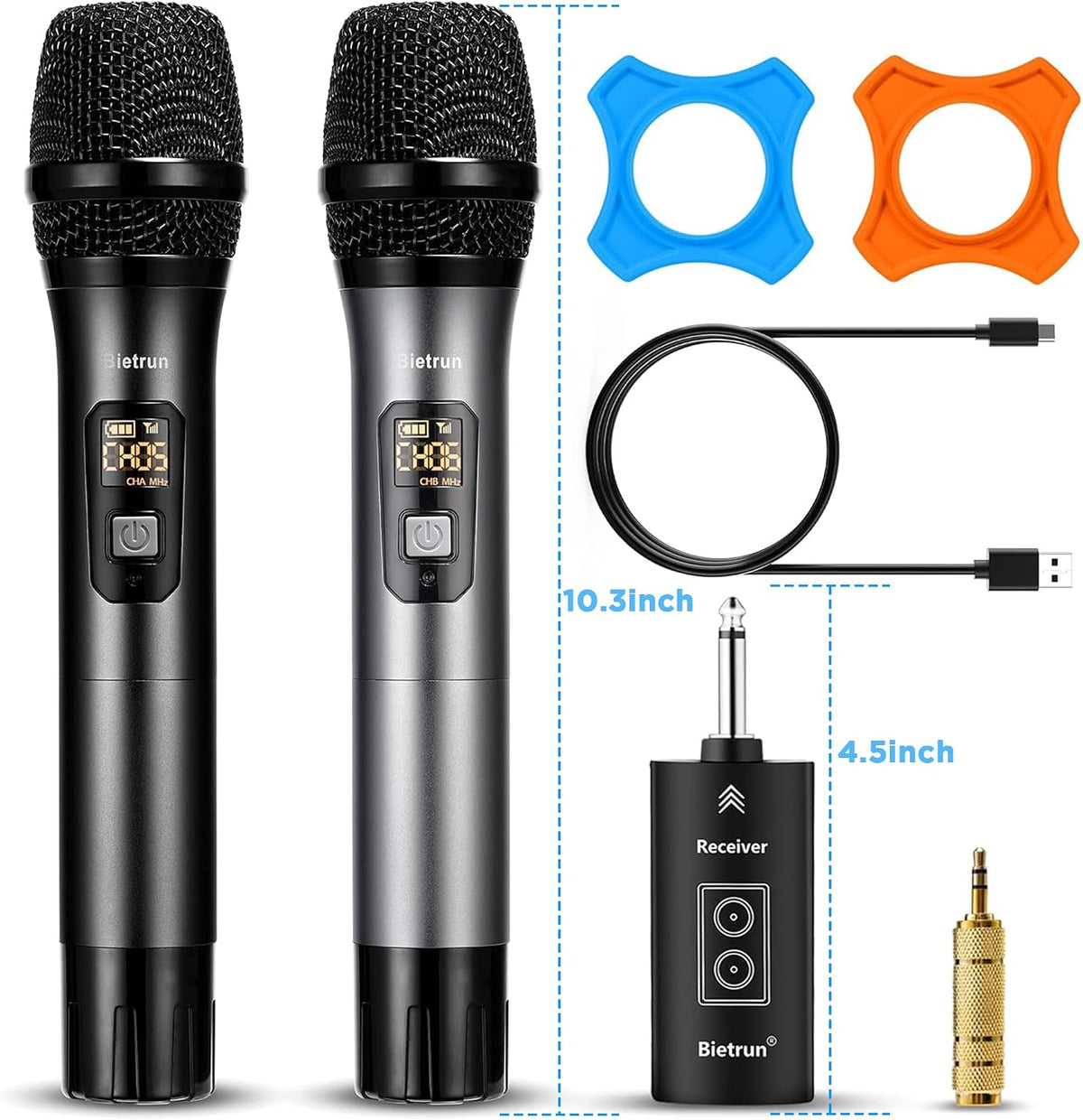 Wireless Microphone with Bluetooth, Professional UHF Dual Handheld Dynamic Metal Mic System Set with Rechargeable Receiver, 160 ft Range, 1/4''Output, for Karaoke Machine, Singing, Amp, PA Speaker