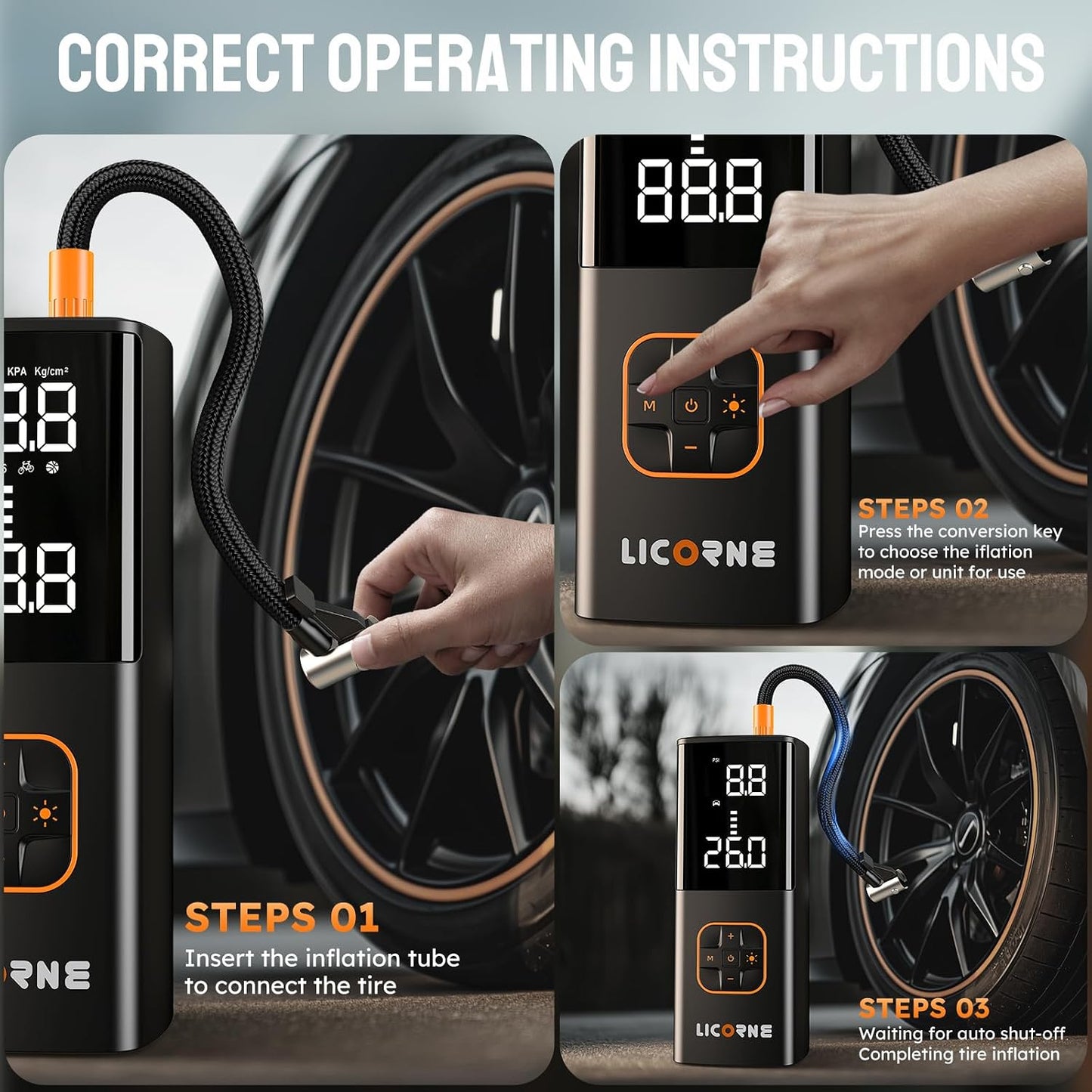 LICORNE Tire Inflator 5X 180 PSI Cordless inflator with Digital Pressure | 5X faster, 7800mAh battery, digital gauge, auto shut-off, 4 modes for car/bike/motorcycle/ball, USB-C power bank, LED light