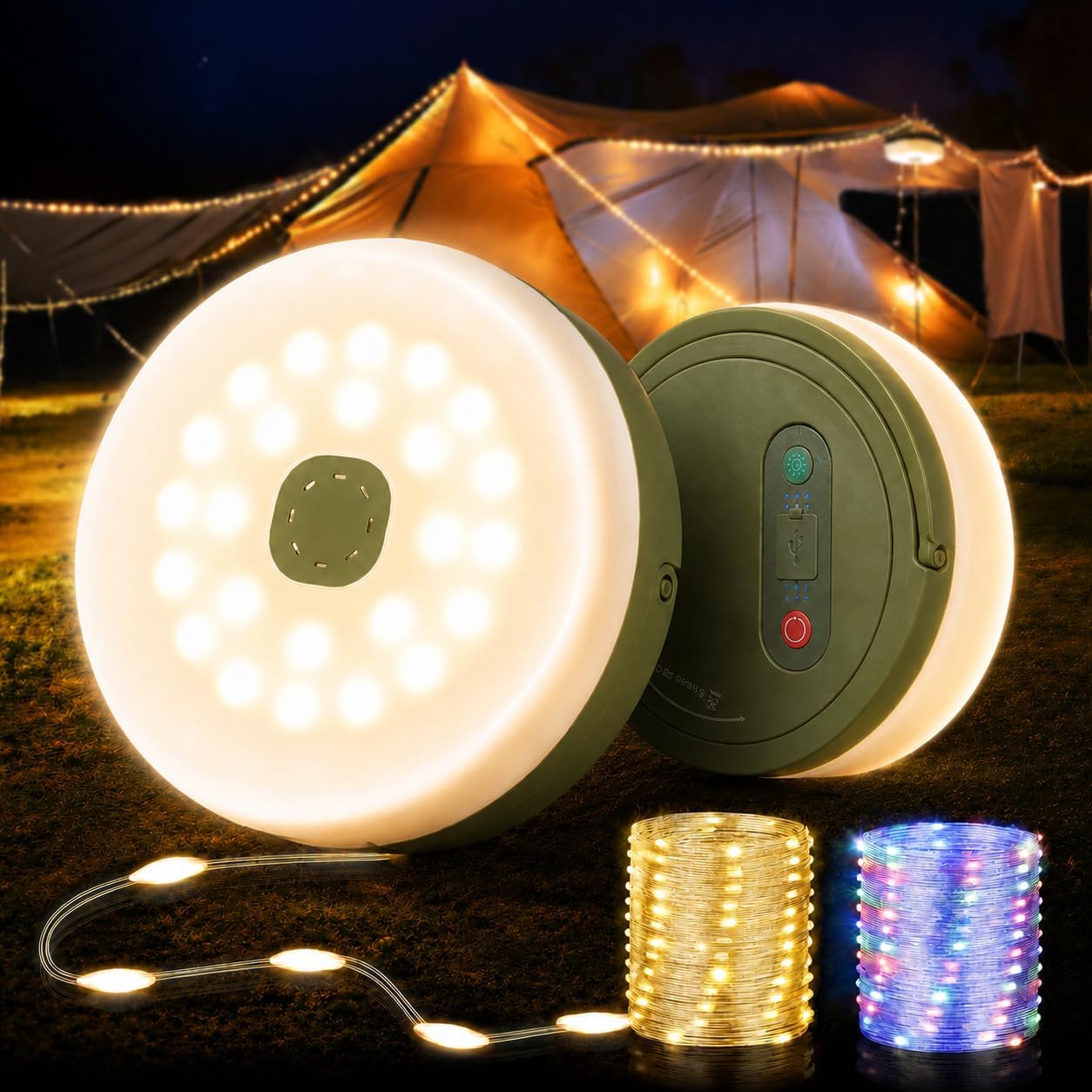 Camping String Lights, 32.8FT Rechargeable Camping Lights with Quick Storage Reel, 8 Modes Waterproof Hanging LED Camping Lights for Tent, RV Awning, Patio and Outdoor Camping Gear Essentials