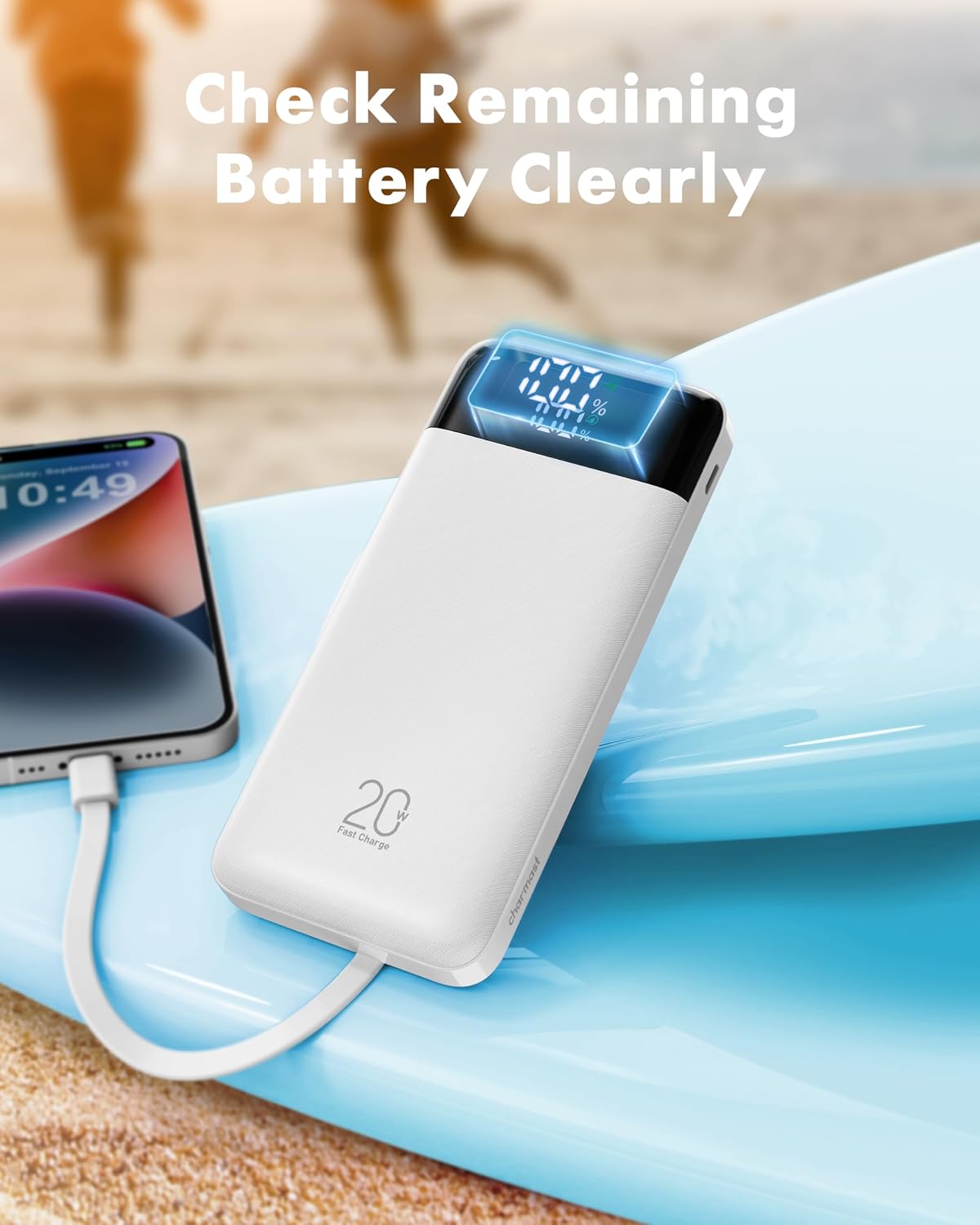 charmast 20000mAh Portable Charger with Built in Cables, 22.5W Travel Power Bank Fast Charging, USB C Cell Phone Battery Pack for iPhone 17/16/15/14/13/12 Series, iPad, Samsung, Android, Tablet