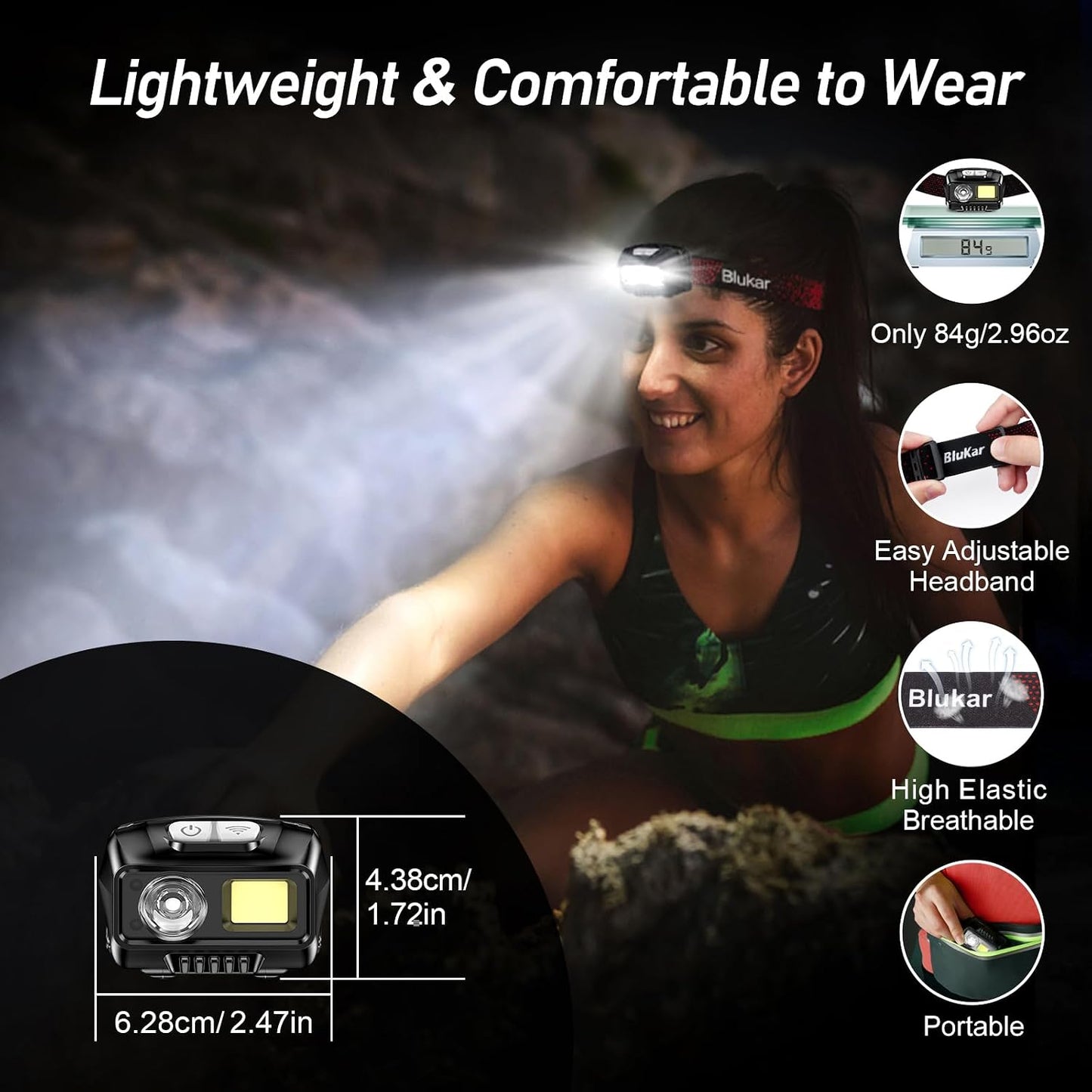 Blukar LED Headlamp Rechargeable, 2000L Super Bright Headlight Flashlight | 8 Modes & Stepless Dimming, Spotlight & Floodlight, Motion Sensor, IPX5 Waterproof for Camping,Hiking,Running,Fishing -2 Pack