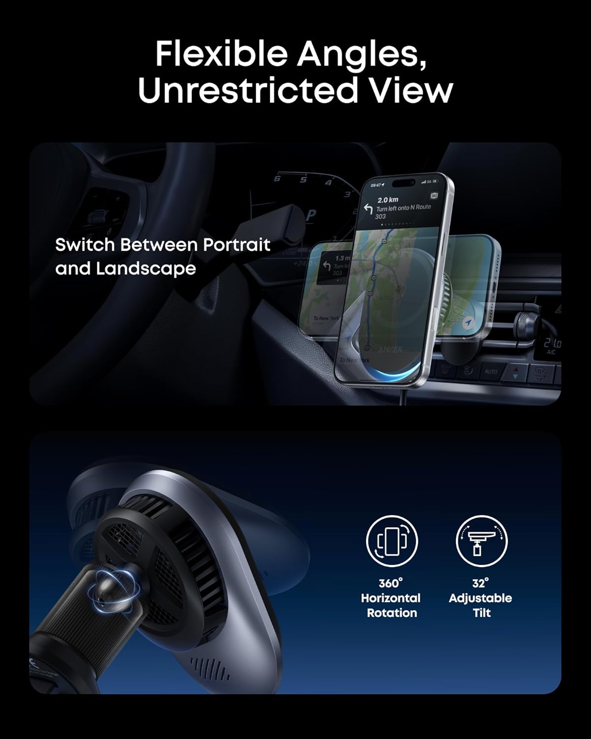 Anker Prime Qi2 25W MagSafe Compatible Wireless Car Charger Mount | AirCool Phone Holder with Vent Clip and Fast Power, for iPhone 17 - 12 Series, and More (Adapter Included)