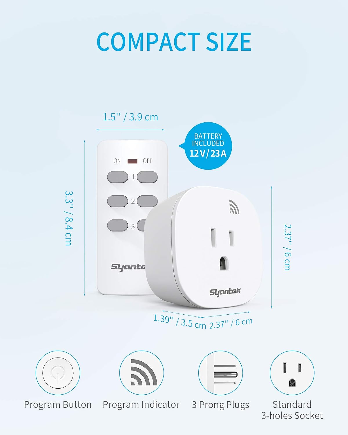 Syantek Remote Control Outlet Wireless Light Switch for Household Appliances, Expandable Remote Light Switch Kit, Up to 100 ft Range, FCC Certified, ETL Listed, White (3 Outlets + 1 Remotes)