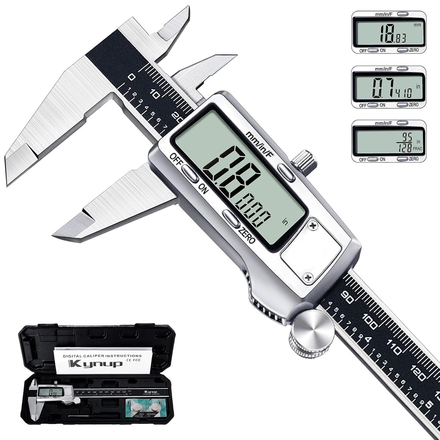 Kynup Digital Caliper, Caliper Measuring Tool, Micrometer, Full Turn Off | Auto-Off Feature, Stainless Steel, Large LCD Screen, Switch from Inch/Metric/Fraction, Black(6Inch/150MM)