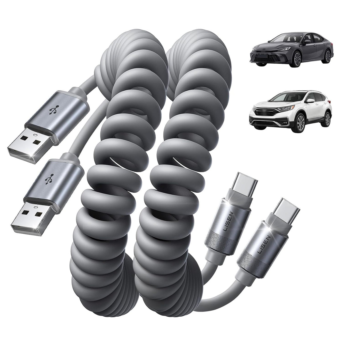 LISEN Coiled USB C Cable, 2 Pack for Android Auto & CarPlay Cable, Short USB A to USB C Cable Compatible with iPhone 17/16/15, Samsung Galaxy S25/S24/S23 A15/A14, Google Pixel 9/8, Space Gray 6FT
