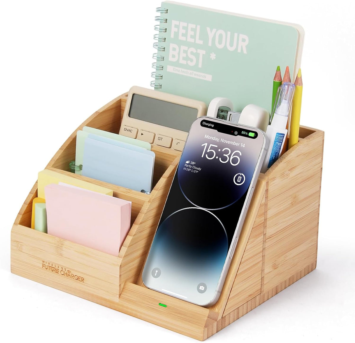 Pen Holder with Wireless Charger, Compatible with iPhone 17/16/15/14/13/12/11/8 Series, Pencil Holder Phone Stand for Desk Home Office, Men Gift Husband Wife Anniversary Dad Birthday Idea Gadget