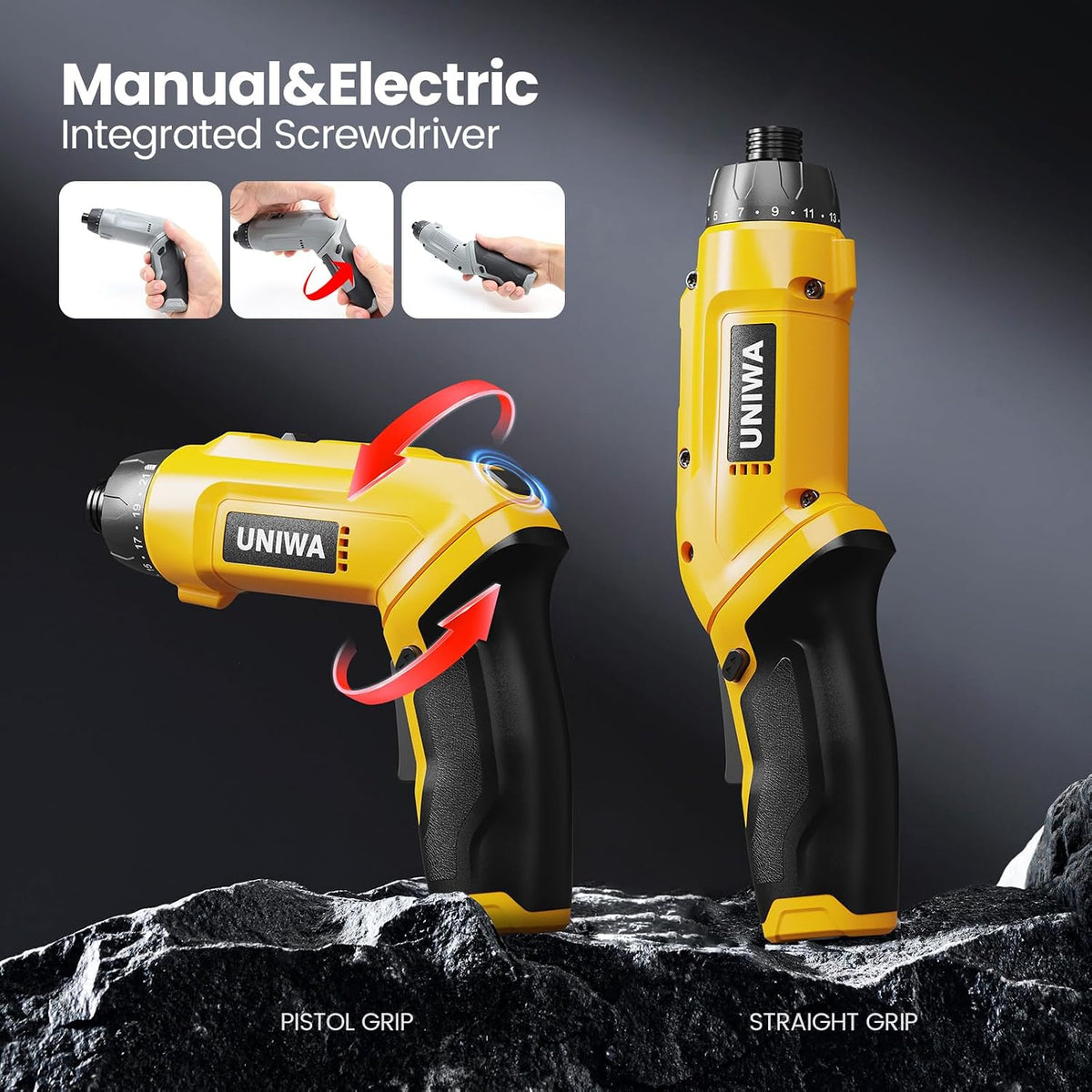 UNIWA Cordless Electric Screwdriver Rechargeable-650 RPM Power Drill-Yellow | Small Drill Cordless, 21+1 Torque Settings, 7.1N.m, 38PCS Bits, Hand Screwdriver Set, 2000 mAh, 3.6V, Pivoting Handle