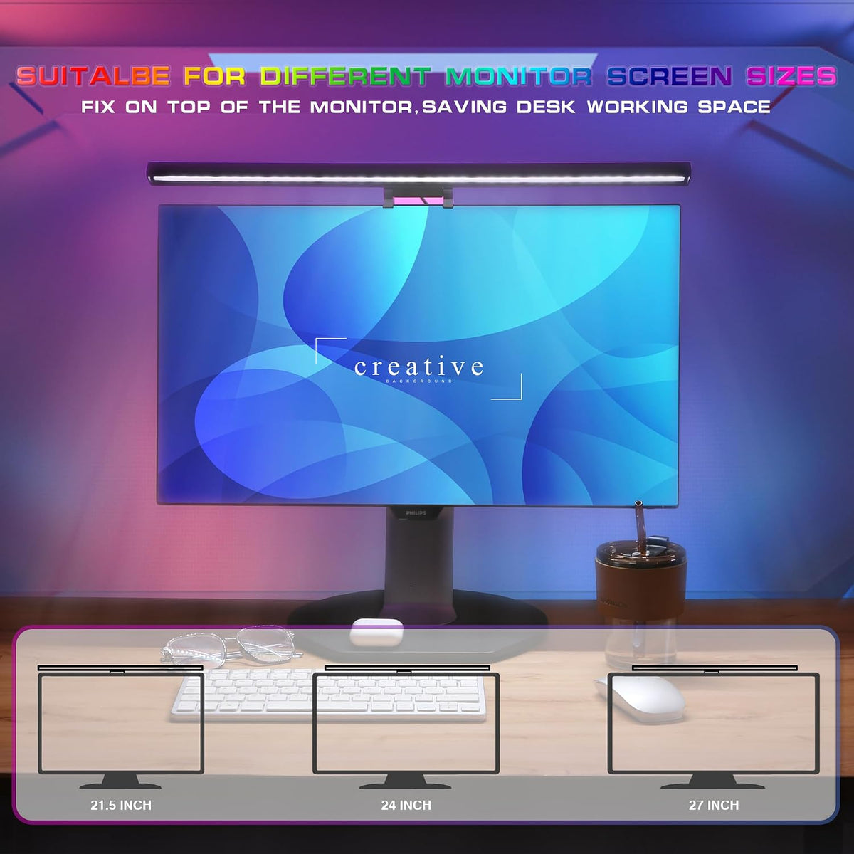 Monitor Light Bar with RGB Backlight, 3 Color Temperatures & Stepless Dimming, Music Sync LED Screenbar with Touch Control Button for Over Computer Screen Office