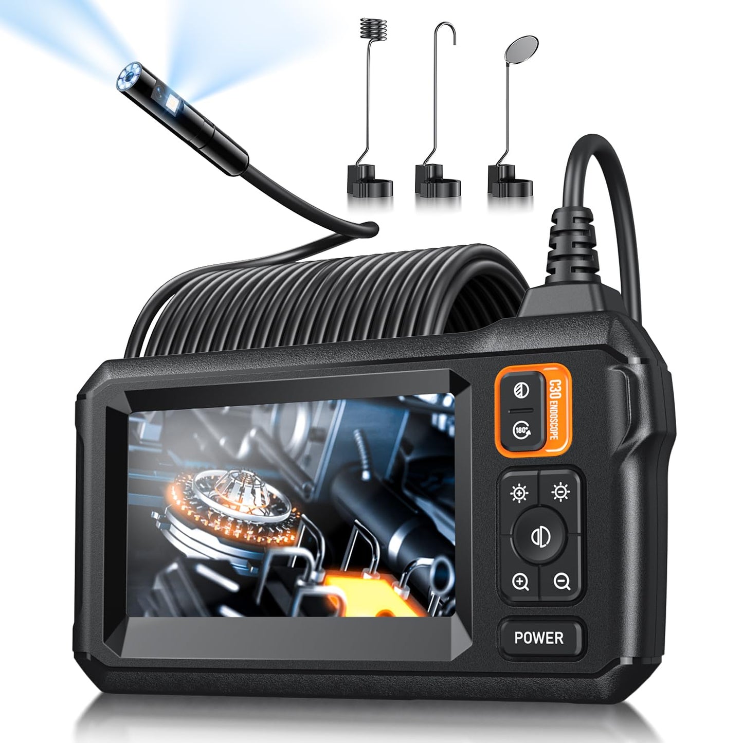 Endoscope Camera with Light, Inspection Borescope Camera with 4.3" IPS Screen, 1920P HD with 8 LED Lights, 16.6FT Semi-Rigid Cord Bore Scope, IP67 Waterproof Endoscope for Sewer, Tools(Orange)