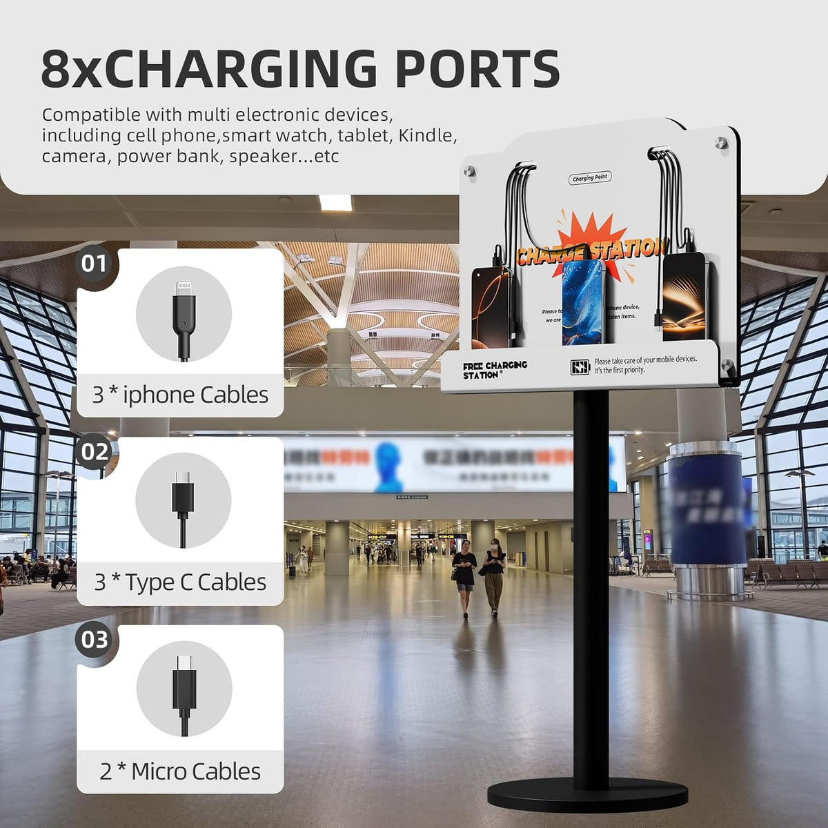 8-Port Wall Mounted Charging Station with Universal Cables – Fast Charging Dock for iPhone, Android & Type-C Devices – Perfect for Office, Airport, Hotel & School Use (White)