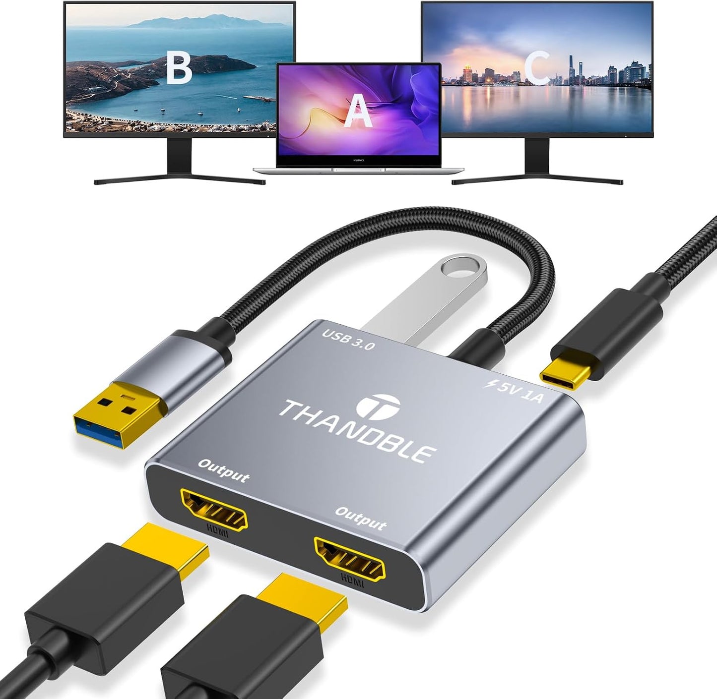 4K@60Hz USB C to Dual HDMI Adapter, 6 in 1 Docking Station Dual Monitor, 3*USB-A Data Ports, 100W PD, HDMI Splitter Extended Display Laptop USB C Hub for MacBook Neo/Air/Pro, HP, Dell and More