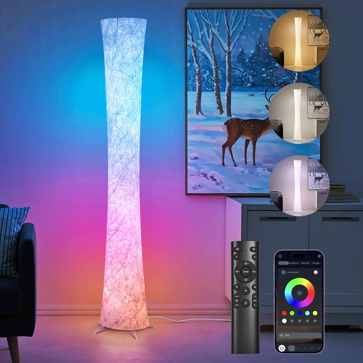 WORLD WIN Floor Lamp, 61'' Smart RGB LED Corner Lamp with Music Sync and 16 Million DIY Colors, 3 Color Temperature, APP & Remote Control, Color Changing Standing Floor Lamp with Stand