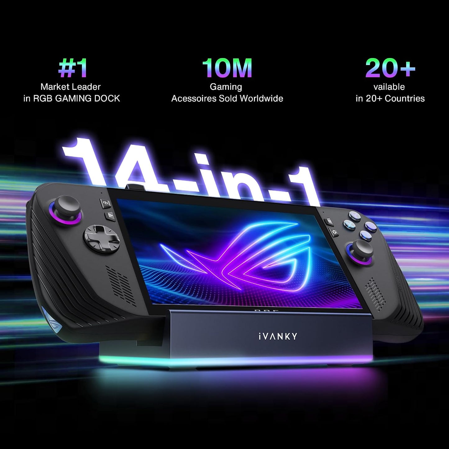 iVANKY 14-in-1 RGB Docking Station for ROG Xbox Ally X(2025), 4K@120Hz | Compatible with Steam Deck OLED/Lenovo Legion GoS,10Gbps USB3.2, SD/TF Slots, 1Gbps Ethernet,100W Charge, Foldable