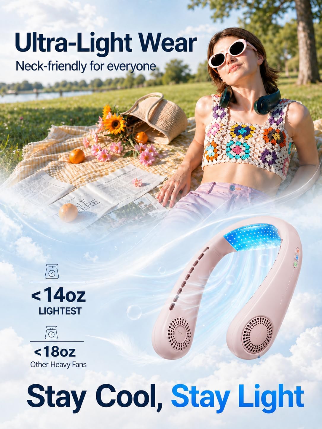TORRAS COOLiFY Air 2026 Upgraded Neck Fan Air Conditioner, Ultra-Light Portable Fan Rechargeable, Personal Cooling Neck with 3 Modes Fan/Cooler/Heat for Travel, Camping, Outdoor Gift for Women, Pink