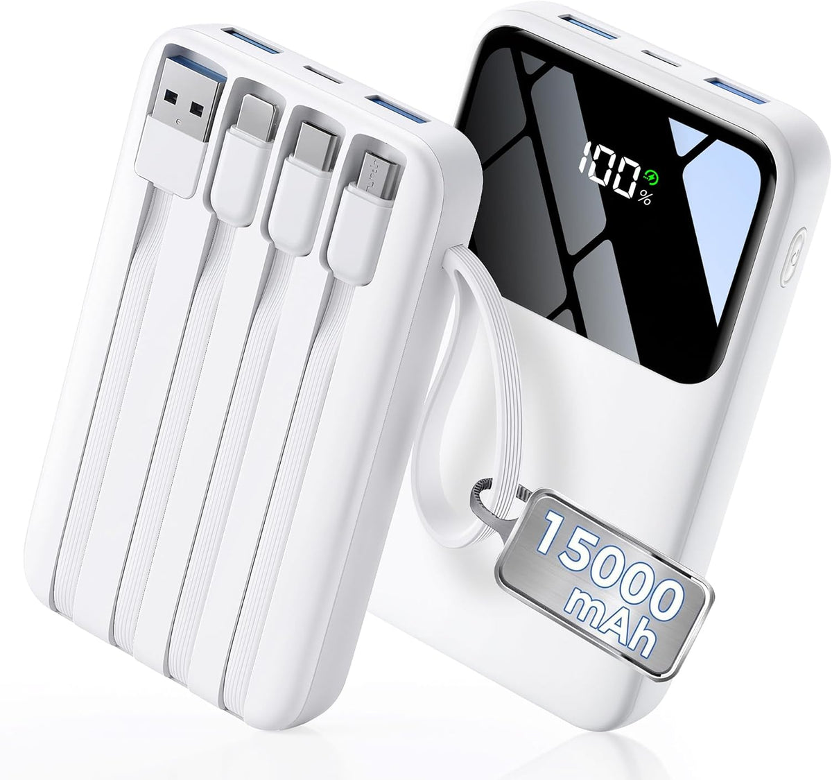 15000mAh Portable Charger Power Bank, Smaller Built-in 4 Cables, 22.5W | 50% More Capacity, 45% Smaller, Slim Travel Essential Battery Pack, 30-Min Fast Charge to 50% for iPhone/Samsung, Black