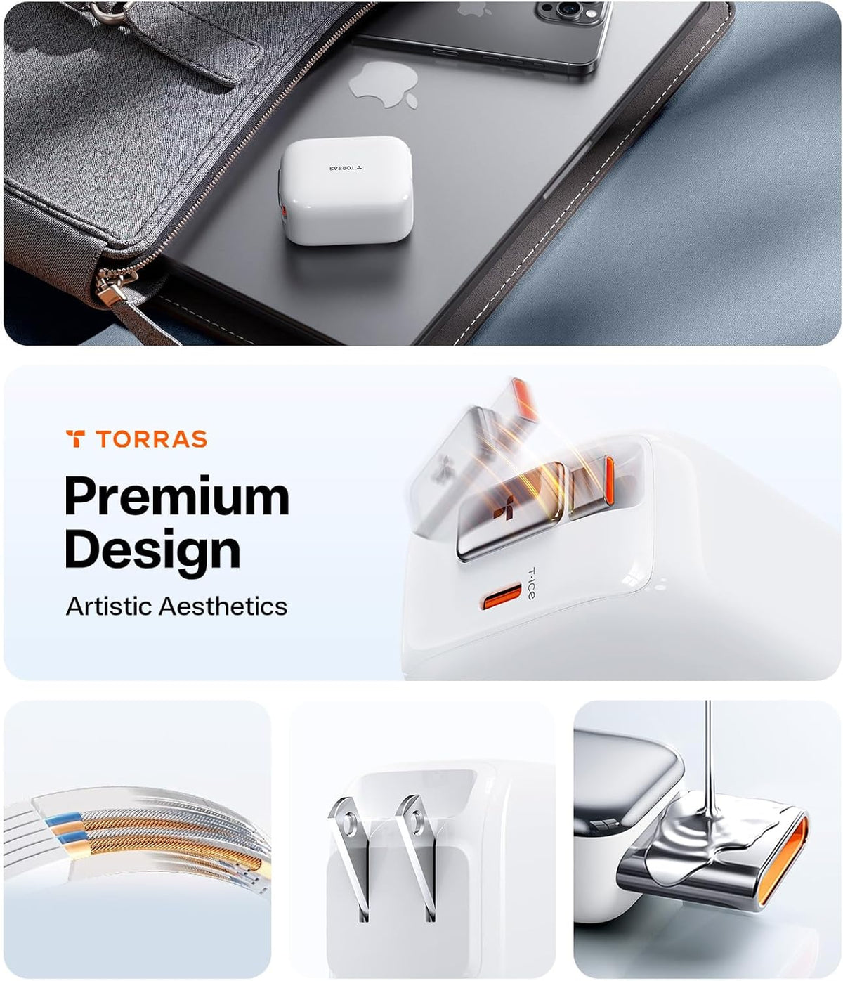 TORRAS FlexLine 67W USB C Charger, Dual-Port GaN Retractable Charger | iPhone/iPad/MacBook/Galaxy Compatible, GaN III, Dual-Port Fast Charging, 1m Retractable Cable, Travel and Desk Use