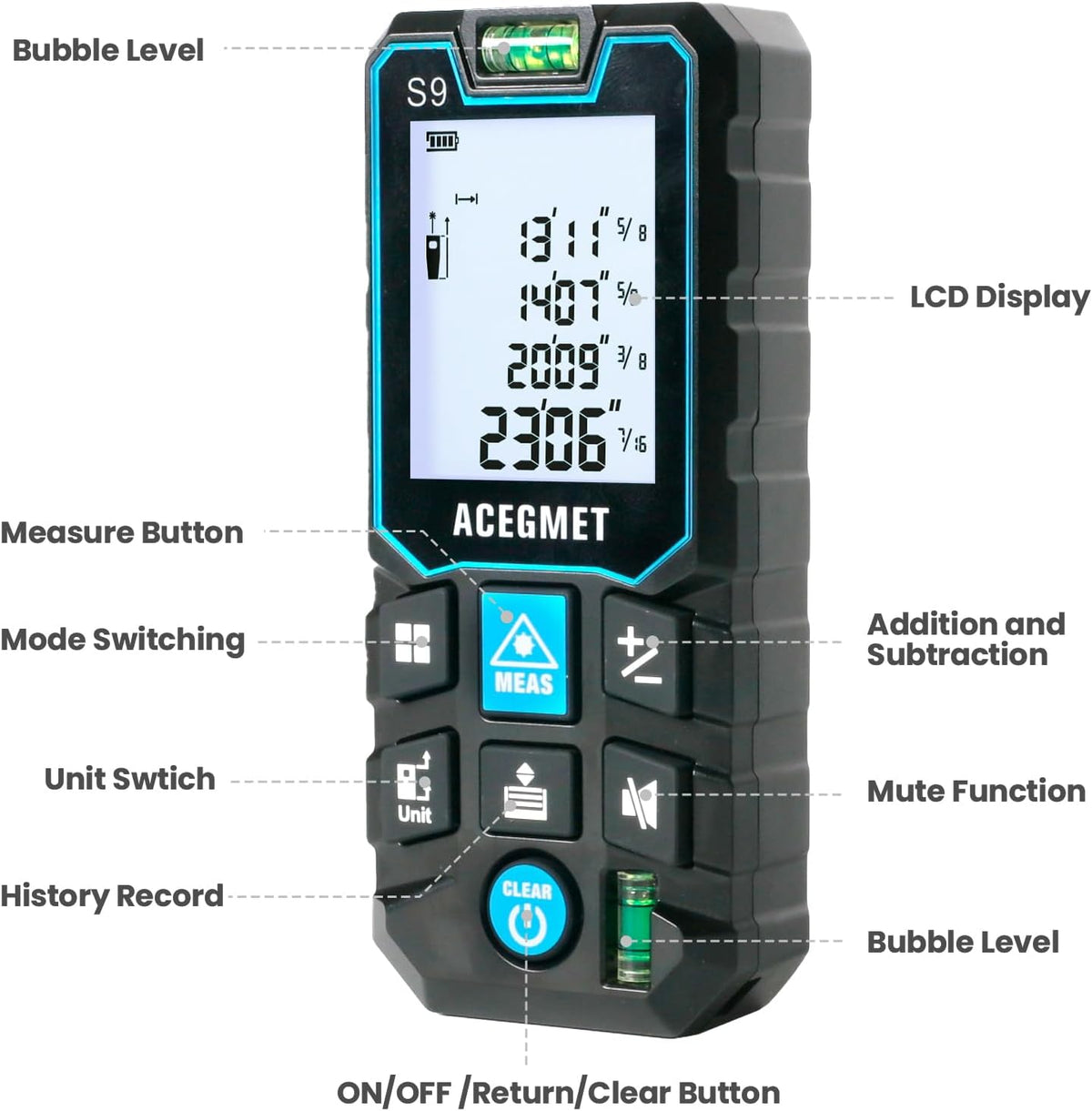 S9 229ft/70m Laser Measuring Tool, LCD Backlit Display | 2 Bubble Levels, LCD Backlit Display, IP54 Waterproof, Pythagorean Mode, Ft/in/M Units for Distance, Area, Volume