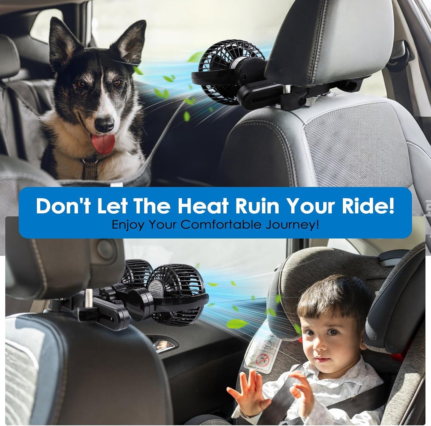 XOOL Electric Car Fans for Rear Seat Passenger Portable Fans Headrest 360 Degree Rotatable Backseat Car Fan 12V Cooling Air Fan with Stepless Speed Regulation for Vehicles, SUV, RV