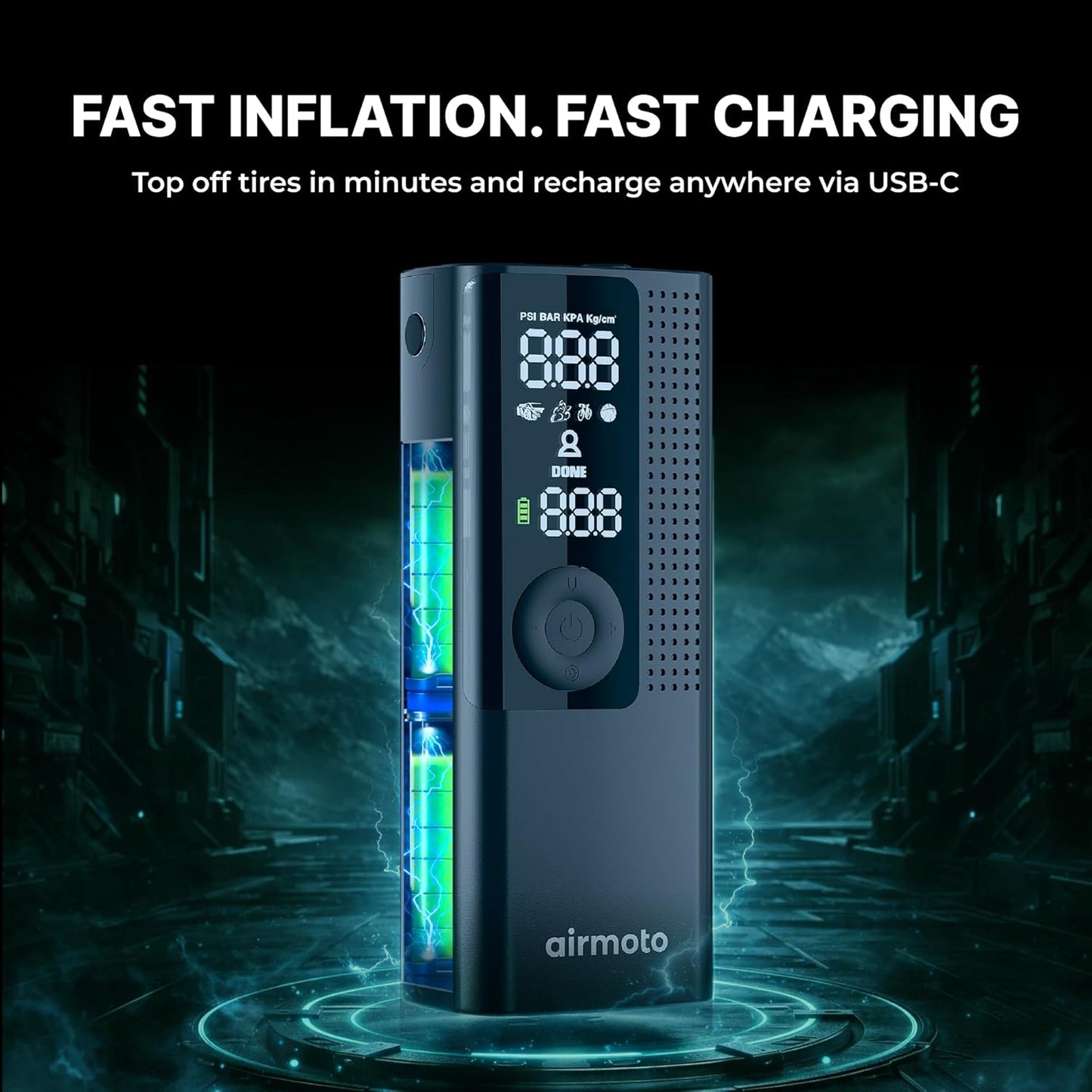 Airmoto Portable Tire Inflator and Car and Home Charger Bundle | Cordless Inflator with Digital Pressure Display, Power Kit Included for Car and Home Charging