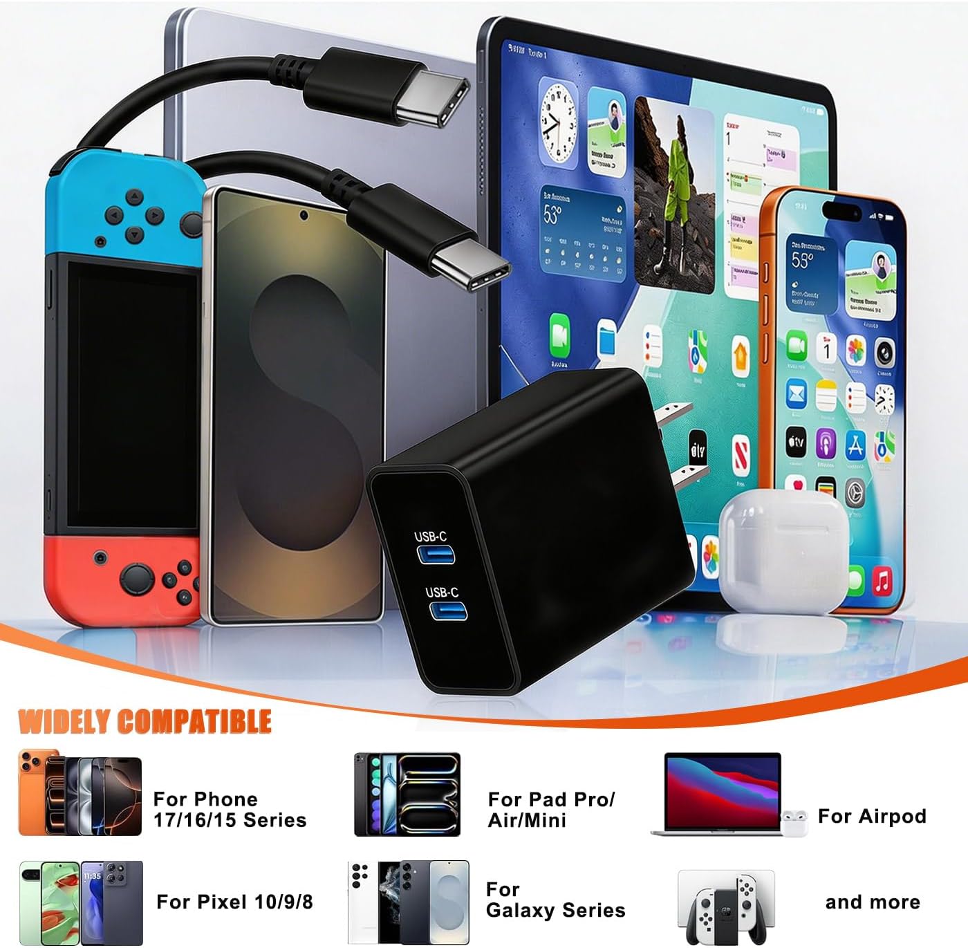 45W Dual Type C Charger Fast Charging for Samsung,PD 3.0 GaN Super Fast Android Phone Charger Block with Long USB C Cable 10FT/6FT for Galaxy S25/S25 Ultra/S25+/S24+/S23/S22/for iPhone 17/16/15 Series