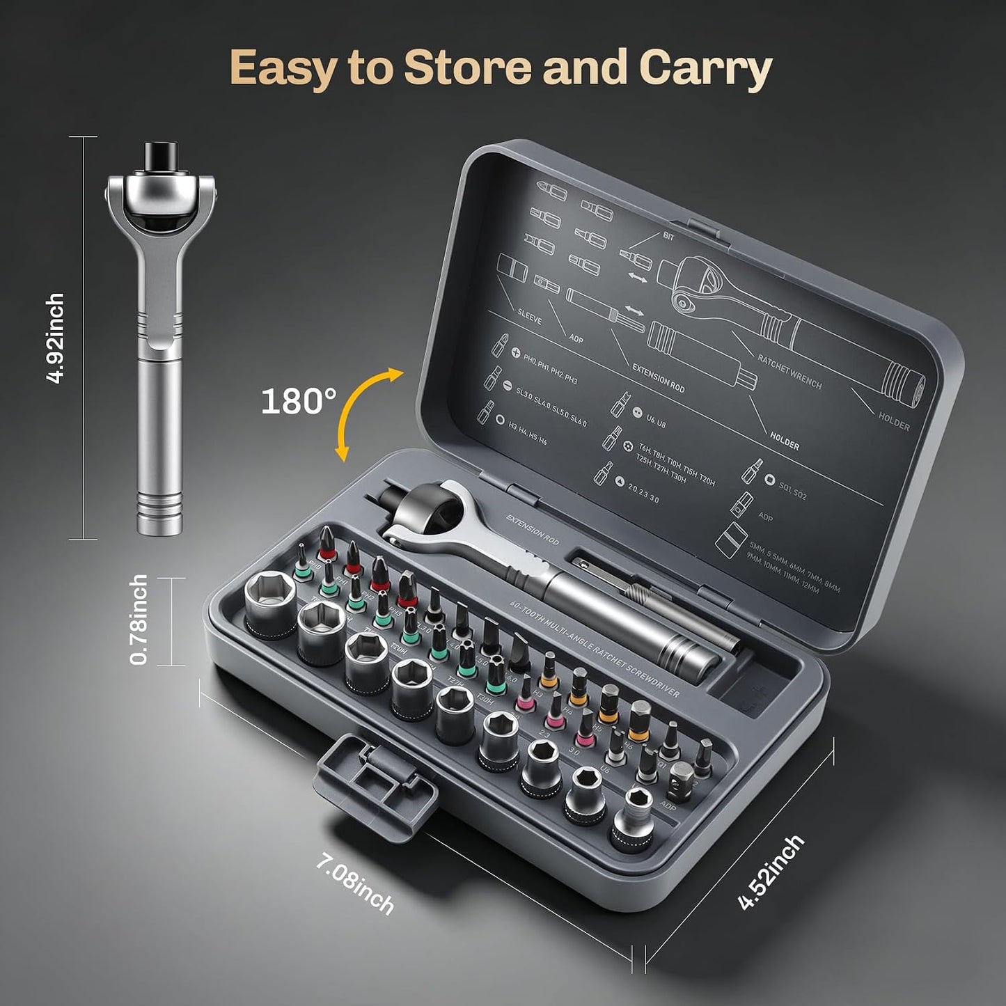 Magnetic Screwdriver Set 40-in-1 Ratchet Screwdriver Tool Kit with 270° Ball-Joint Handle - Portable CRV Bits Precision Repair Tool Set for Electronics,Computer,Phone,Bikes, Watches,Camera
