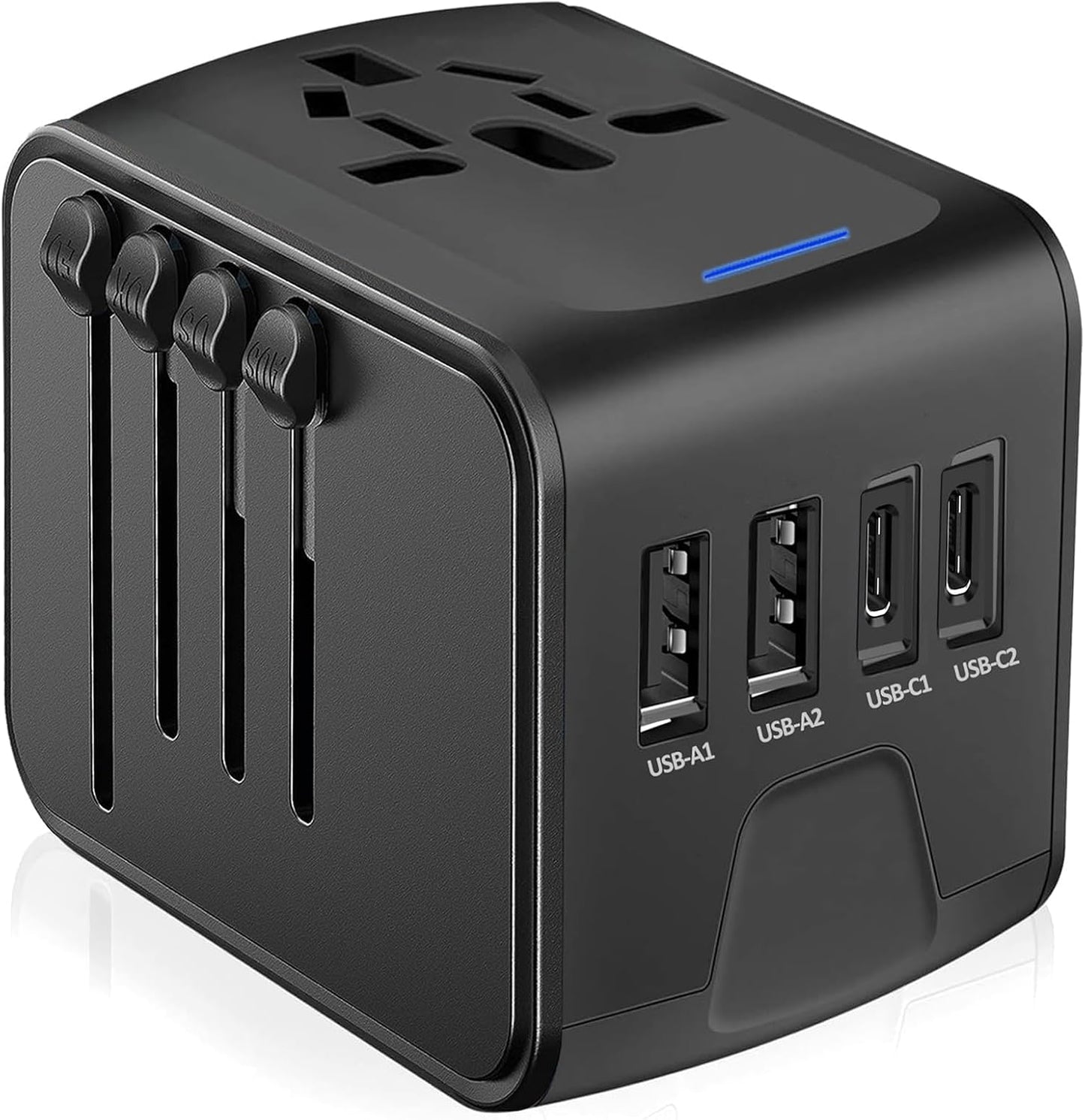 Universal Travel Adapter, 2 USB-C & 2 USB-A Ports, 2500W AC Outlet | All-in-One International Plug Adapter, EU/US/UK/AU Plugs, Compact Worldwide Travel Charger for Trips in 200+ Countries
