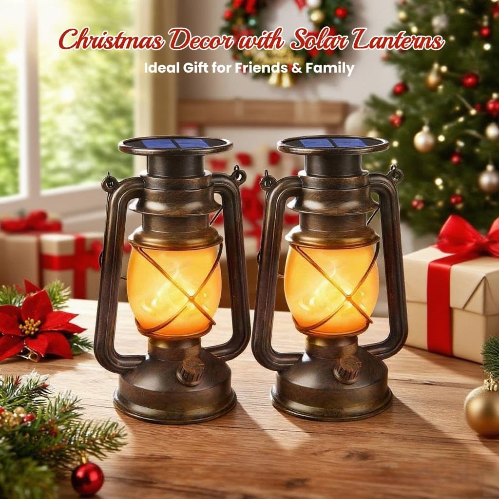 Solar Lanterns Outdoor Waterproof, 2 Pack Bronze Flickering Flame Lights | Vintage LED Hanging Lantern, Outdoor Decorative Lights for Patio, Porch, Garden, Yard, Pathway, Camping