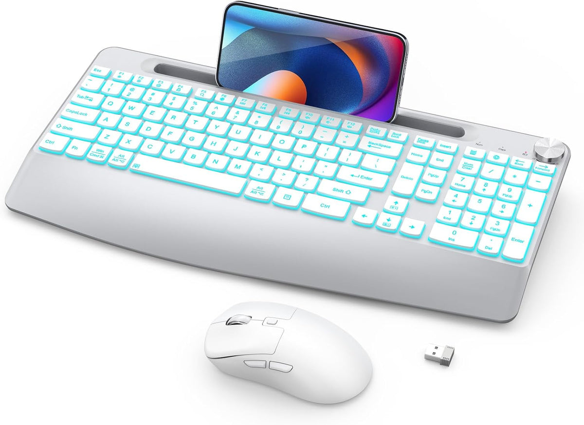GAMCATZ Ergonomic Wireless Keyboard and Mouse with Wrist Rest,Phone Holder - 2.4GHz Full-Sized Low-Profile Quiet Gold Wireless Mouse and Keyboard Combo for Computer, Laptop, PC, Mac-Gold